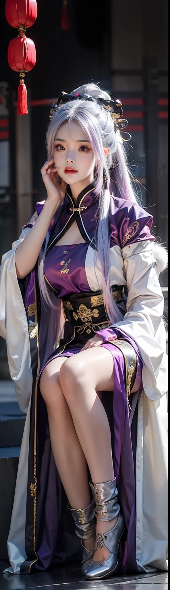 a  beautiful female, Chinese style ancient customs, Ink background, multicolored hair, Silver hair, Purple hair, Gradient hair, pony tails, covering mouth, Wide-angle, Depth of field, Ray tracing, reflective light, Stockings metallic color, hyper HD, Masterpiece, High quality, Best quality, Super detail, hyper HD