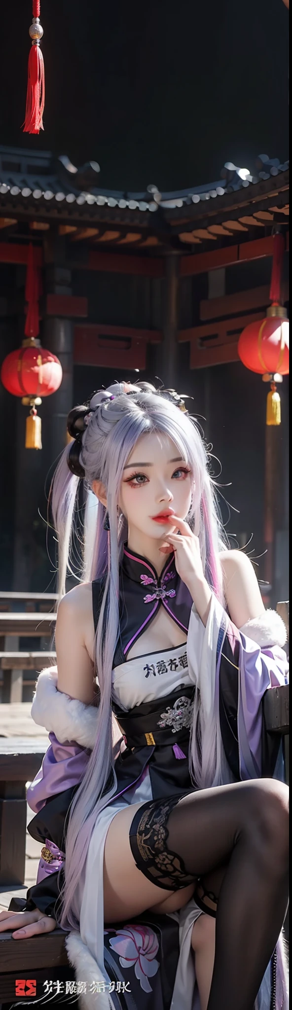 a beautiful female, Chinese style ancient customs, Ink background, multicolored hair, Silver hair, Purple hair, Gradient hair, pony tails, covering mouth, Wide-angle, Depth of field, Ray tracing, reflective light, Stockings metallic color, hyper HD, Masterpiece, High quality, Best quality, Super detail, hyper HD