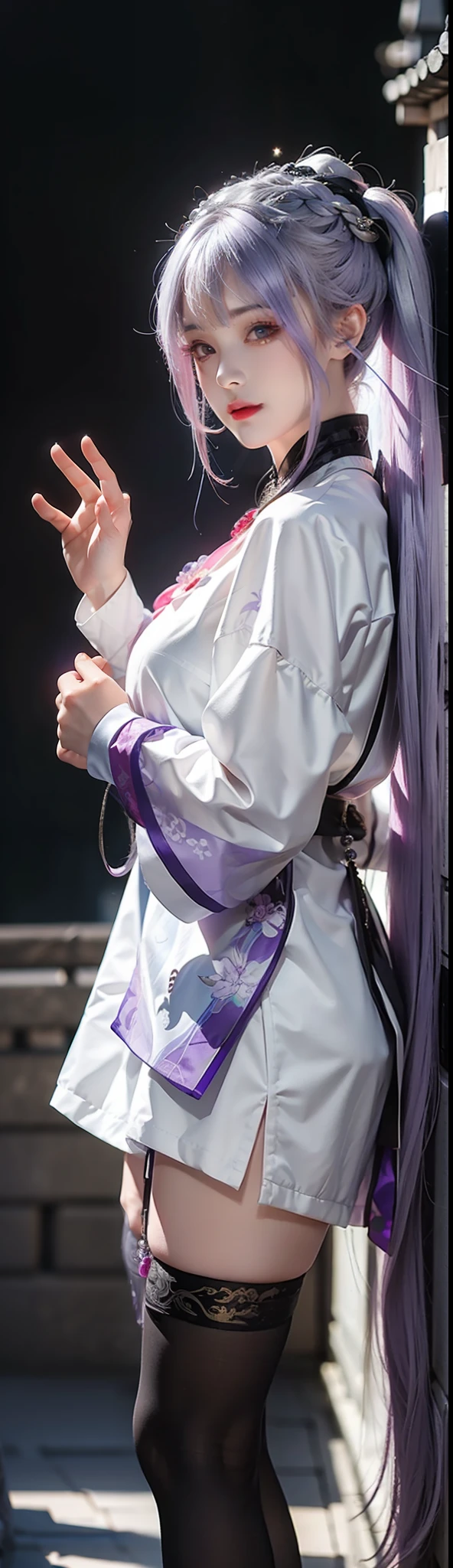 a beautiful female, Chinese style ancient customs, Ink background, multicolored hair, Silver hair, Purple hair, Gradient hair, pony tails, covering mouth, Wide-angle, Depth of field, Ray tracing, reflective light, Stockings metallic color, hyper HD, Masterpiece, High quality, Best quality, Super detail, hyper HD