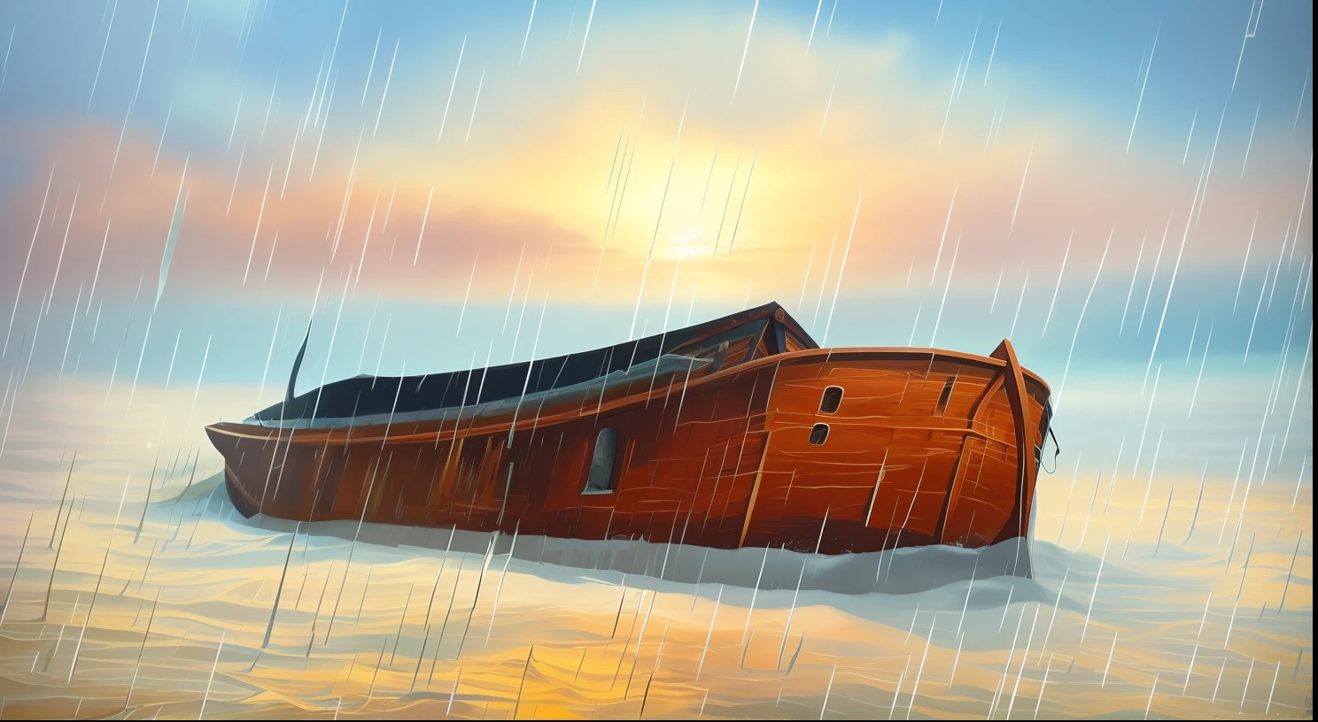 a closeup of a boat on the water with a sky background, Ark of Noah, um navio perdido em uma tempestade, chuvas intensas, a digital rendering, bible illustration, painting of flood waters