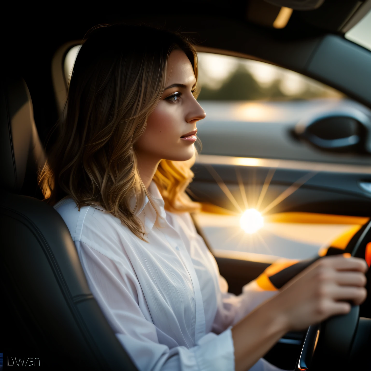 woman driving a car with a steering wheel and a sun shining on her face, driving, driving fast, driving a car, sitting in her car, fine art piece, cars portraits, cute woman, dramatic ambient light, by Matthias Weischer, attractive girl, high quality portrait, gorgeous lady, auto photography, beautiful woman, summer evening, trending artwork