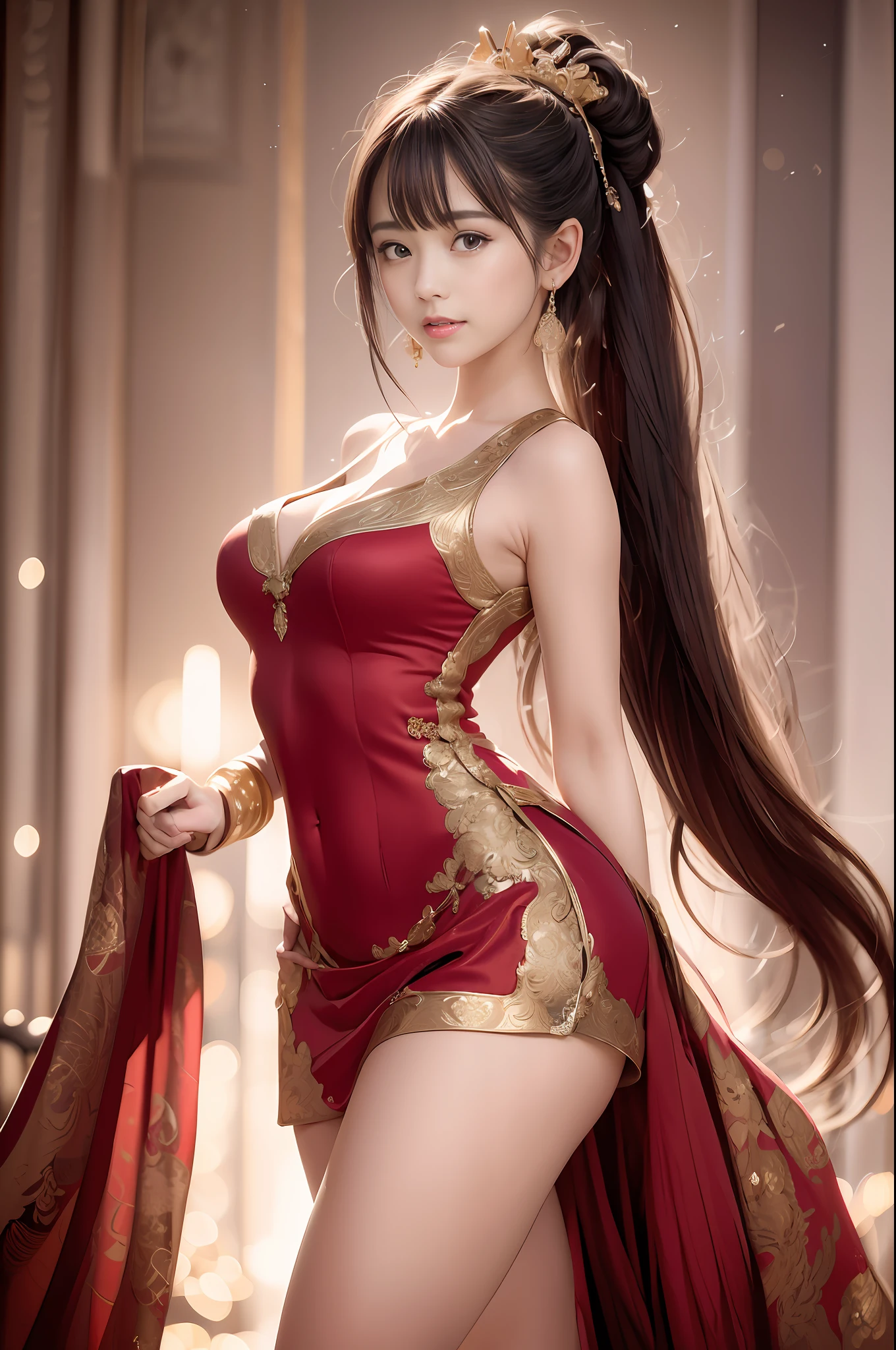 ((Best Quality)), ((Ultra High Resolution)), ((Realistic)), Fine details, Age 19 on Appearance, Black hair, Perfect face shape, Moderate Makeup:1.5, Face lighting, Accentuating Details, Long hair, Wearing Chinese Wedding Dress, Gold Headgear Decoration, Holding a fan, Red Wedding Dress Extra Points: 1.3, Gold Dress Details. portrait of a full body, windows, a bed, drapes, Candlelight, present a picture of a long-range pose.