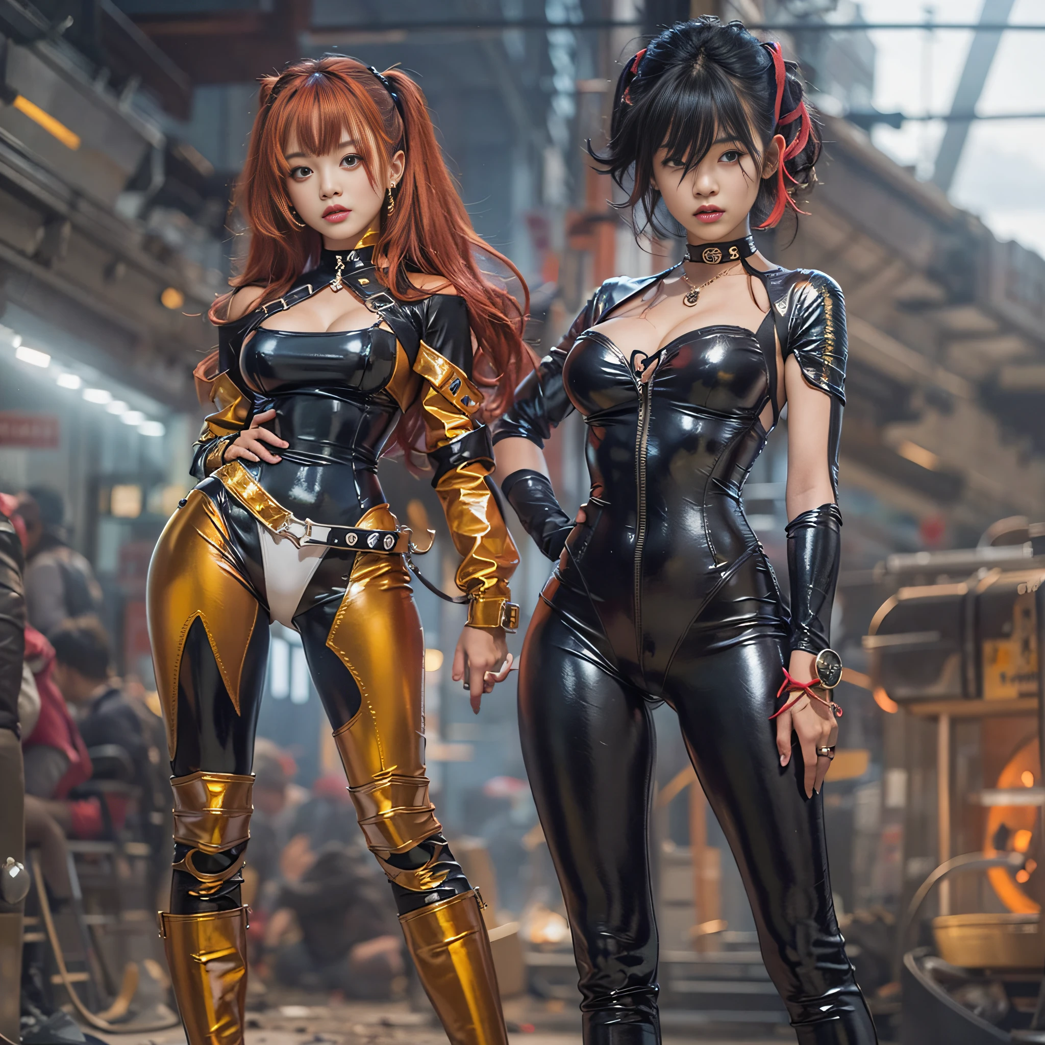 ((​masterpiece)、(top-quality)、(reallistic))、Dirty pair、Yuri and Kei、latex shiny:1.4、Bondage style、age19、2girls、Super Beauty Duo、Super Ultra Ultra Bikini、Beautiful tattoos:1.4、Sexy Daughter、body piercings:1.7、Colossal tits:1.4、The background is a futuristic night city、Super Beautiful Duo、Outstanding style、Space Federation Direct Trouble Consultant、Crisp focus:1.5、Slender Abs:1.2、Anatomically correct representation of the human body:1.4、hips up high、A detailed eye、Raw photo、red-lips、Red high heels、a choker、a necklace、耳Nipple Ring、