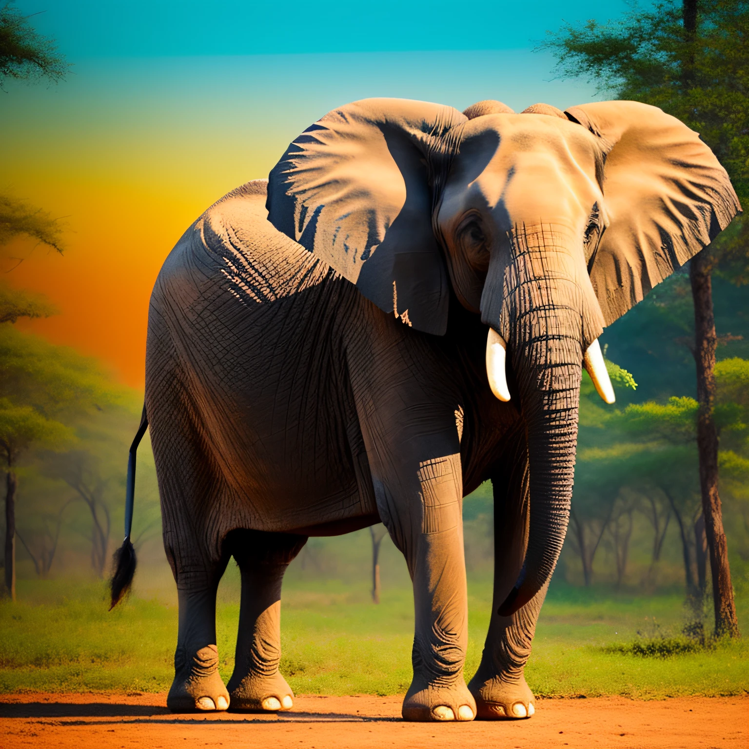 An elephant several positions. Pintura com cores vibrantes bem definidas em 8K.