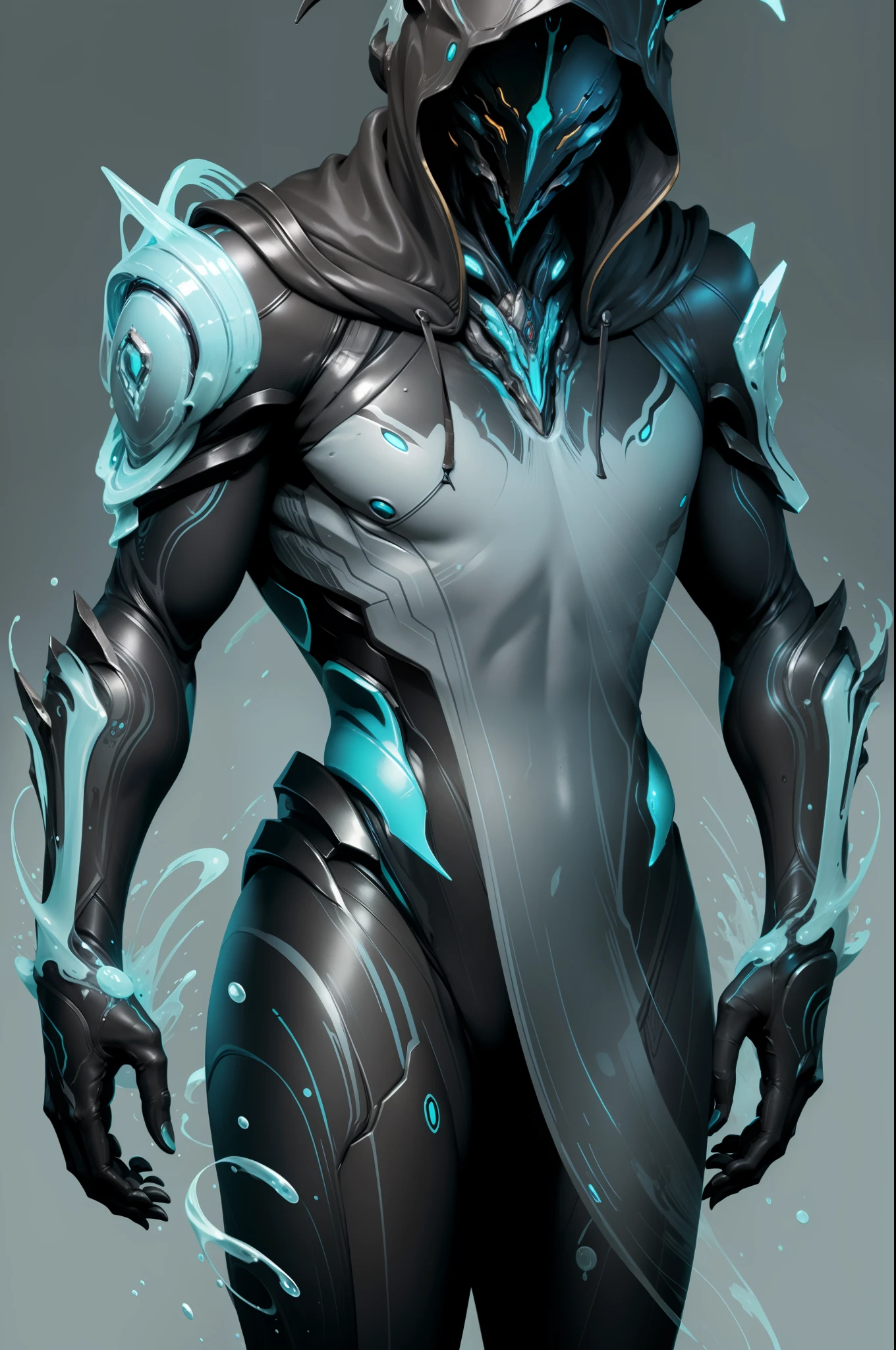 Warframe-style alien, com poderes quaticos, He's standing letting out jets of water through his hands. corpo inteiro, camera de cima pra baixo, agua por todos os lados.