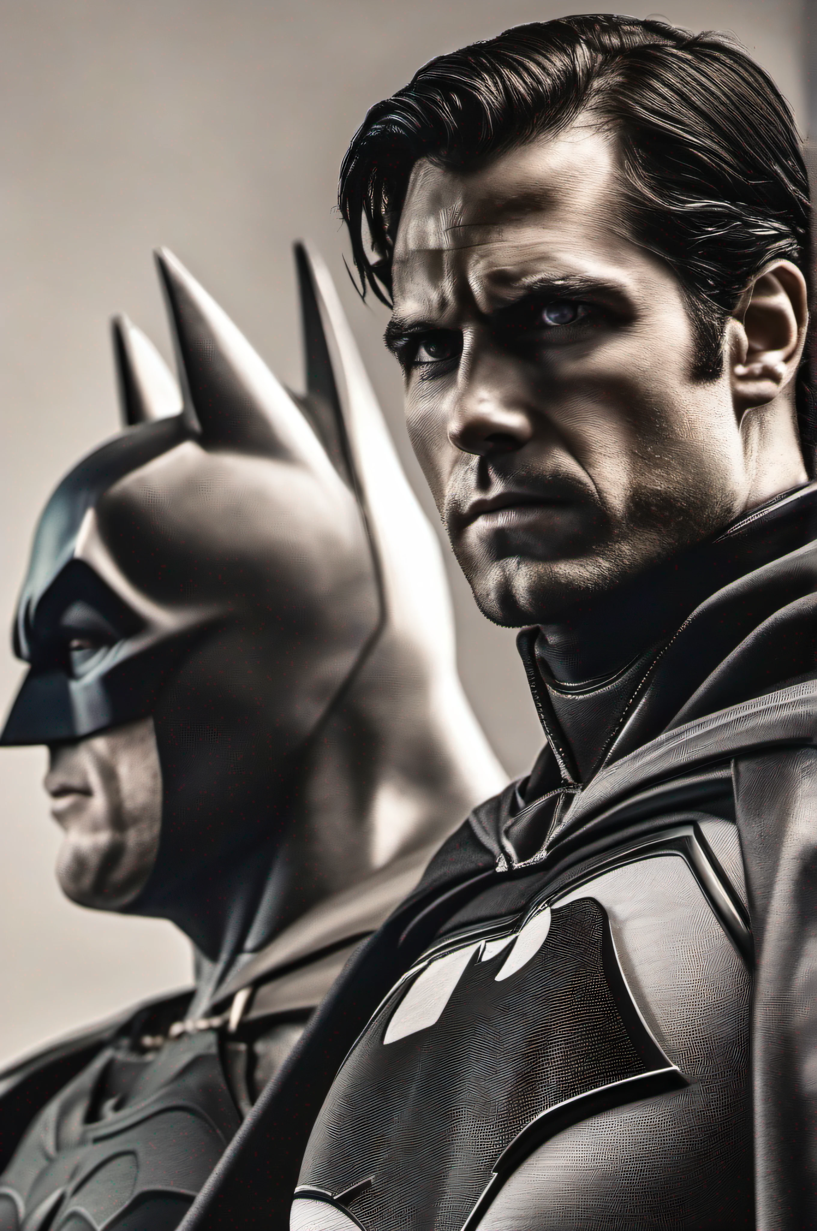 batman and superman are facing each other in a dark room, portrait shot, dc vs marvel fashion, superhero portrait, worlds collide, inspired by Zack Snyder, youtube thumbnail, sideshow collectibles, composite, masked heroes, film still of batman, by Zack Snyder, henry cavill as batman, poster shot, hot toys, heroically battle posing, japanese dc live-action movie, superheroes