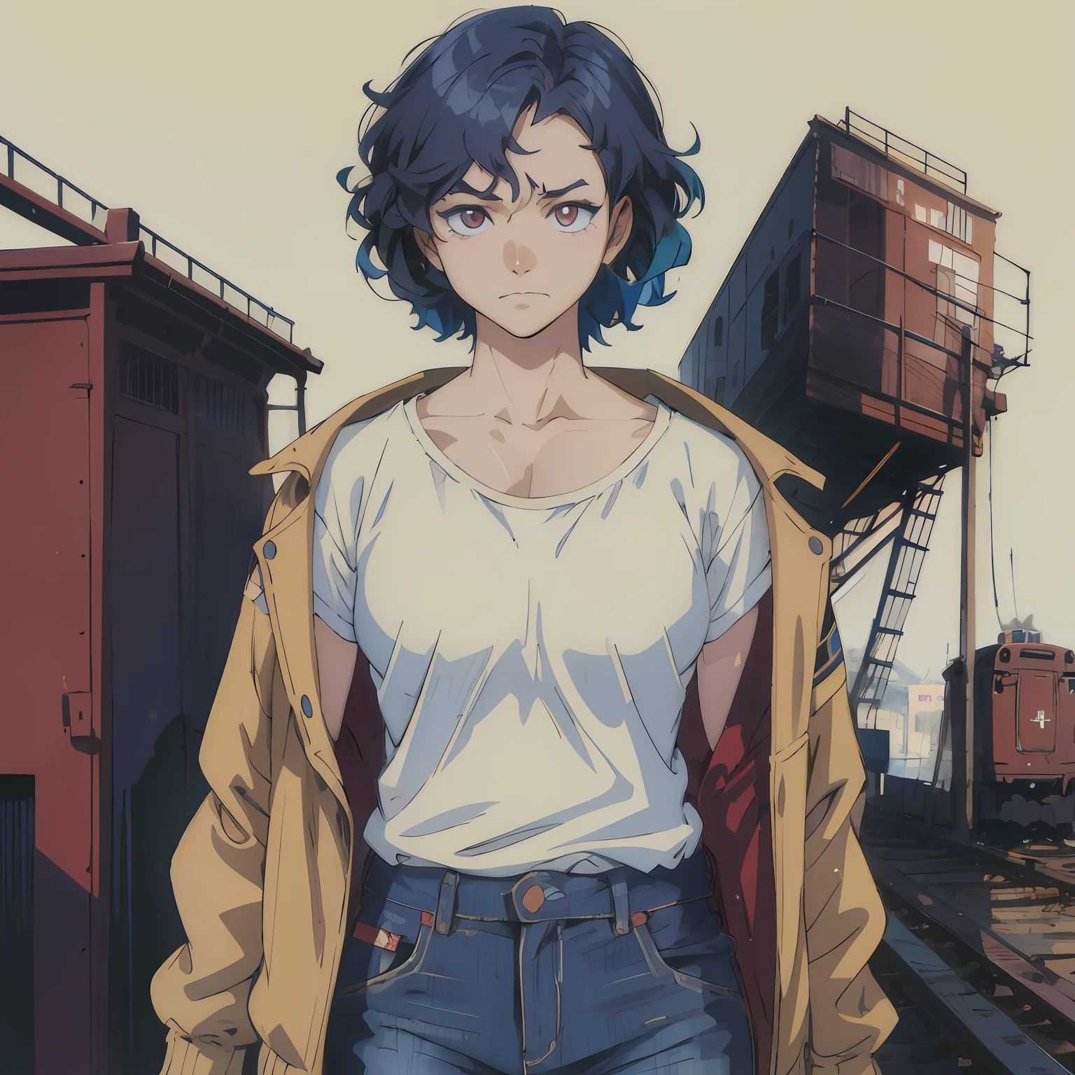 Anime character with blue hair and white shirt standing in front of the train tracks, Ilya Kuvshinov. 4 mil, Satoshi poderia estilo de arte, estilo de arte : Ilya Kuvshinov, Paisagem de Ilya Kuvshinov, ( Ilya Kuvshinov ), Estilo Ilya Kuvshinov, Estilo de Satoshi Kon, Kuvshinov Ilya