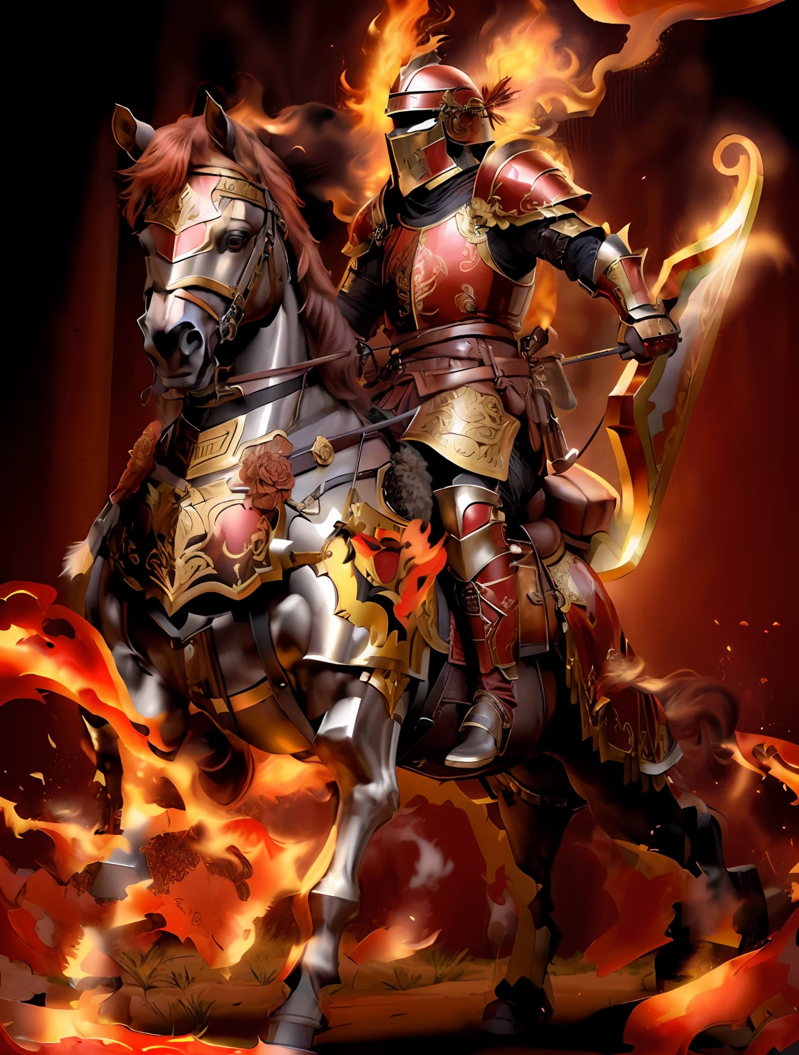 ((guerreiro espartano)),((guerreiro espartano)),((deus ares)),((deus ares)),((capacete espartano)),((There is an image of a man mounted on a horse with a bow and arrow)), ((Cavalo Guerreiro)), ((armadura branca e vermelha)),((cavaleiro blindado em vermelho)), ((Ares)), ((flame conjuring armored)), ((fiery battle coloring)), ((Guerreiro vermelho montado em um cavalo))