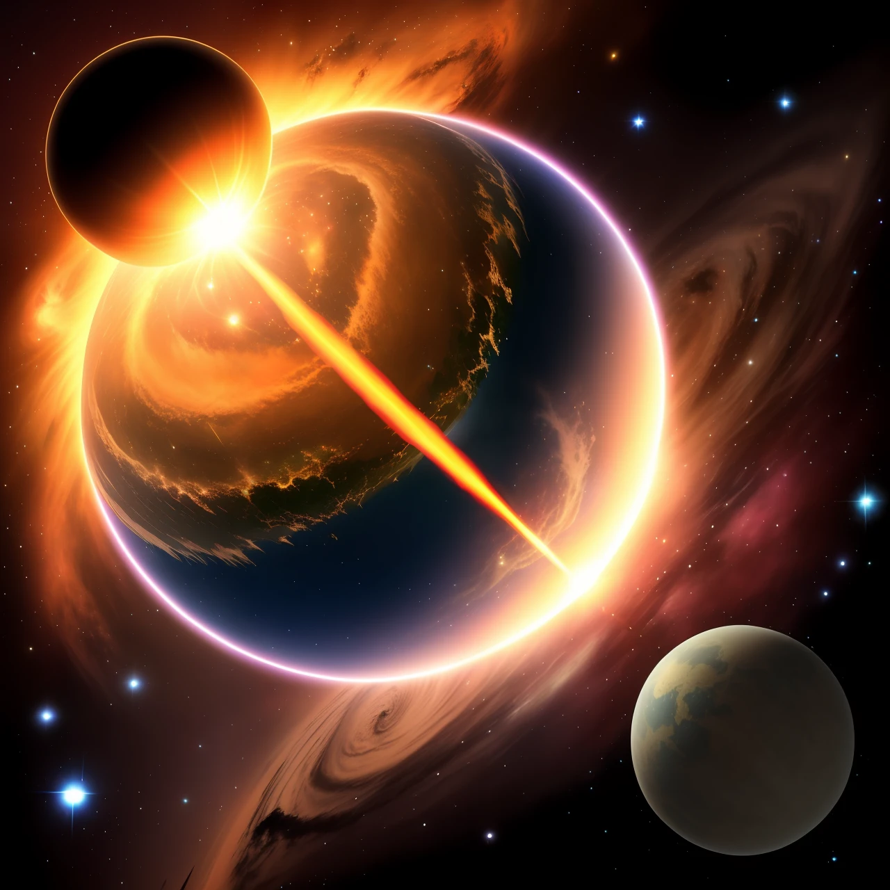 Single photo (Planeta Nibiru colidindo com a terra, ultra realista, ultra detalhado, no universo, medium distance, profundidade, ultra irrealista, explosion of the planets collided, outros planetas ao redor, mega evento espacial, Planeta Terra e Nibiru em chamas, mega explosion, Sois, estrelas, nebulosas, galaxias, meteoros, tridimensional. Fantastic event.