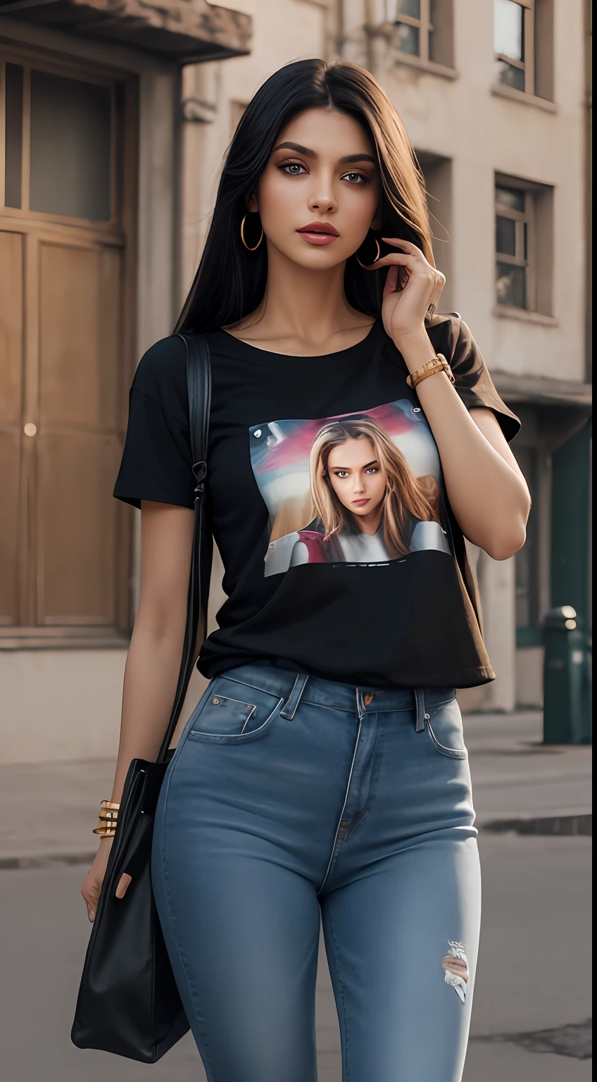 ((Best Quality, 8k, Masterpiece:1.3)), Focus: 1.2, Perfect Body Beauty: 1.4, front looking 1.2, (long black medium length straight hairstyle)), 27 years old Arabian beauty,(black round neck plain Baggy Tee-shirt, baggy style:1.1) Baggy fitting jeans , full length dark blue tight torn jeans: 1.1, Highly detailed face and skin texture, Detailed eyes, Double eyelids, toned body, Whitened skin, black straight hair's, high heels, firm breasts, firm thighs, looking at camera, fashion shoot style, full body length tee-shirt, Short sleeves, ankle boots, big earrings, lots of fashion hand bangle's and stripes, golden watch. Carrying trolley bag, light lipstick, lose baggy tee-shirt, regular fit, war zone, dark cloud's, fighter jets flying, walking style, middle eastern beautiful women, model shoot, war zone, ruined city, damaged building's, damaged car's, smoke, fire, collapse buildings