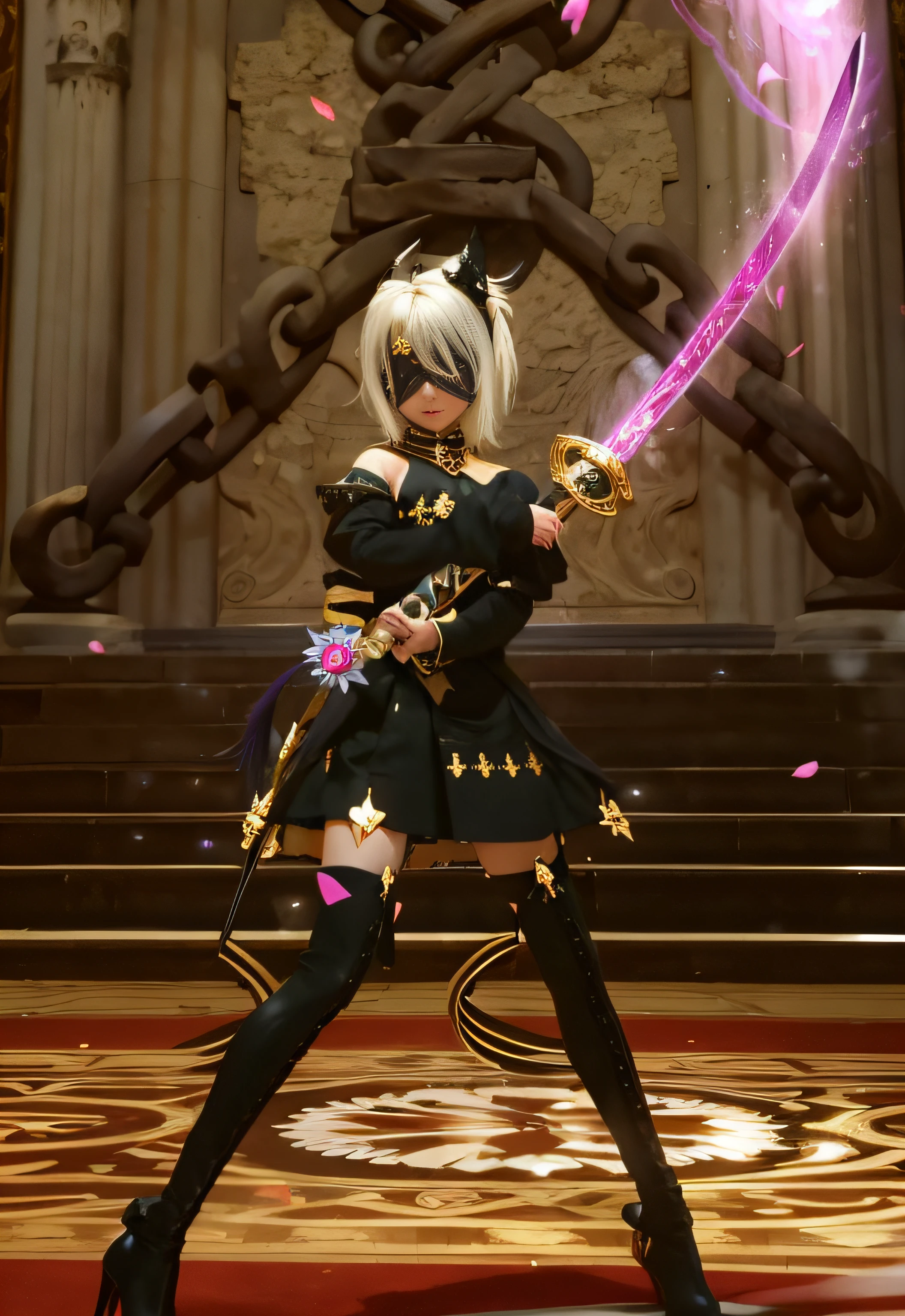 there is a woman in a black outfit holding a sword, Uniforme preto dourado, wielding a magical sword, segurando uma pose de pudica, Pose de spellcasting, Armadura refletida cor de fogo preta, wielding a magic staff, holding a magic staff, armadura preta com detalhes amarelos, Empunhando uma espada Keris, empunhando uma alabarda decorada, dark demonic dancer, irreal : : maquiagem, Retrato de Jinx de Arcane, atraente, gatinha, gatinha jovem bonita, com o rosto muito detalhado, olhos vendados, faixa nos olhos, wielding the sword with his right hand passing in front of his chest, right arm curved to the left at chest height holding sword, dress with sleeves separated on the arms,