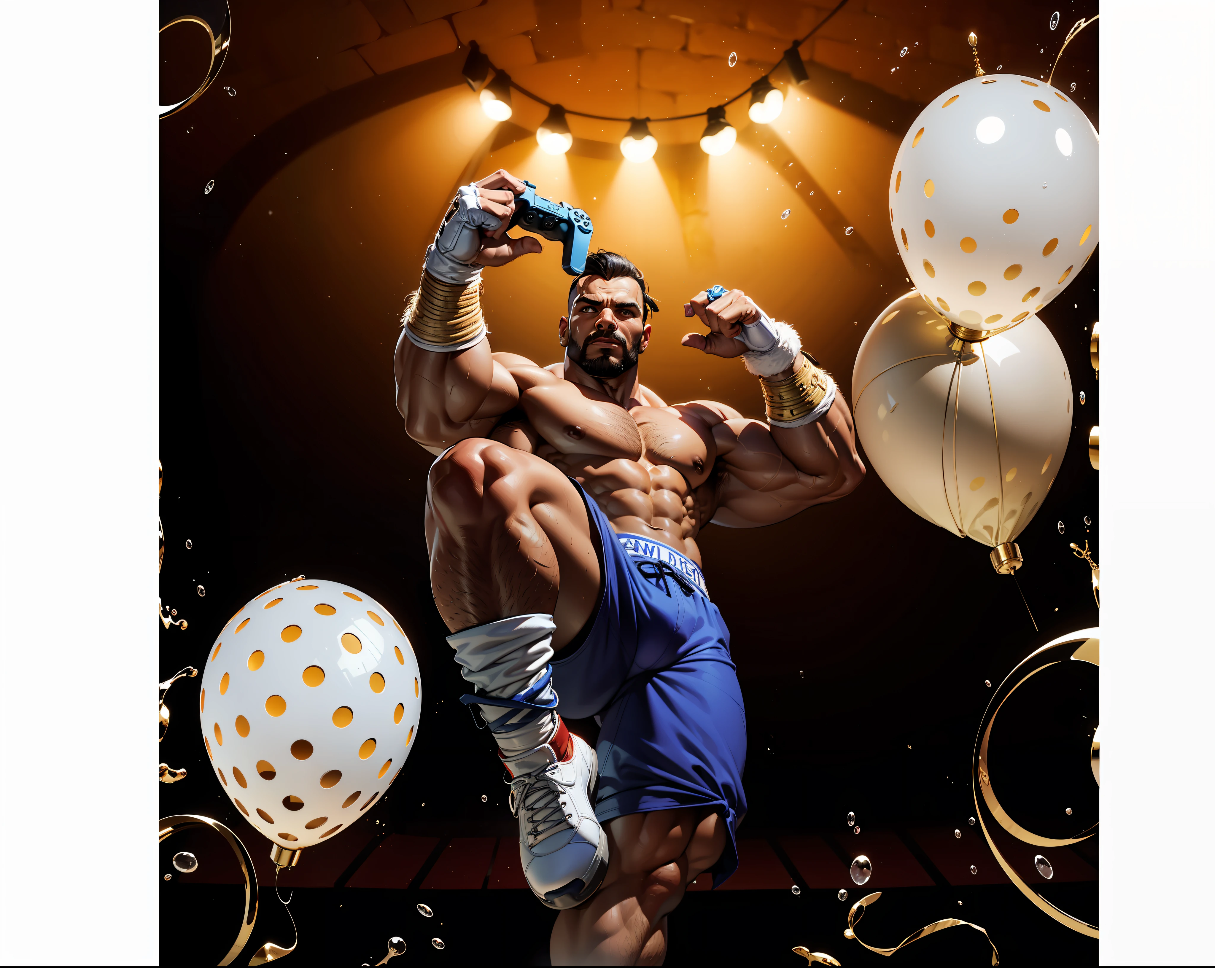There's a man with a video game controller in his hand, barbarian celebrate his birthday, careca, sem cabelo, barba preta, homem musculoso, personagem de jogo de luta, Pogba, musculoso!!, super buff e cool, Man with bands on foot, arnold 3d render, arnold 3d render, 4k!, lutador, 4k 8k, 4 k 8 mil, Exaggerated muscular physique, pugilista