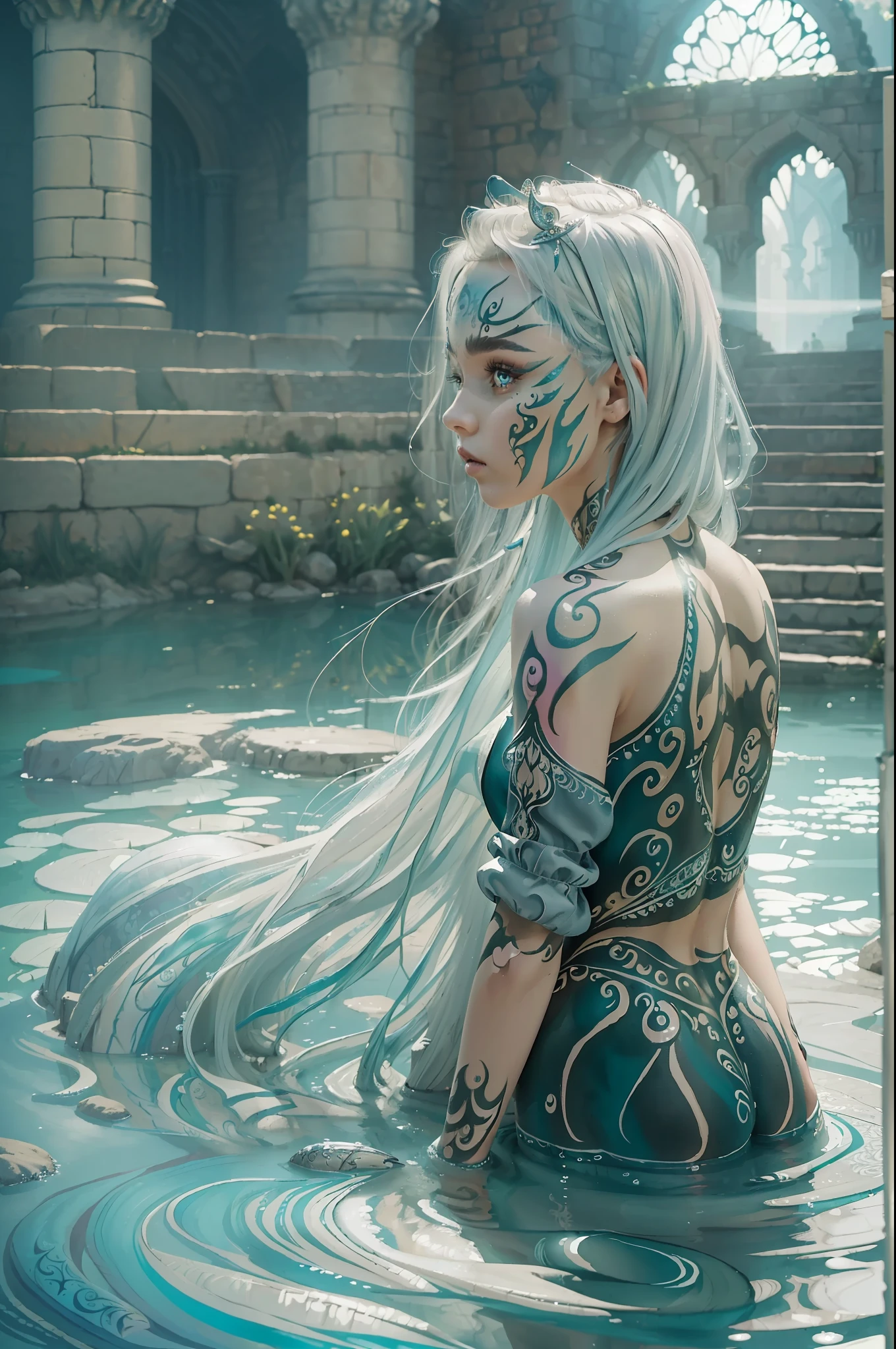 (Best quality, masterpiece, ArtStation, Fantasy Art:1.2), a castle yard, a beautiful cute girl standing in water, (long silver hair:1.1), (intricate body paint:1.35),( crop top:1.2)