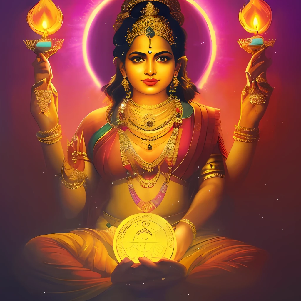 a painting of a woman holding a gold coin and a candle, indian goddess of wealth, indian goddess, indian god, hindu god, hindu aesthetic, a stunning portrait of a goddess, female goddess, divine goddess, goddess portrait, goddess checking her phone, goddess art, attractive male deity, as the goddess of the sun, beautiful goddess, by Max Dauthendey