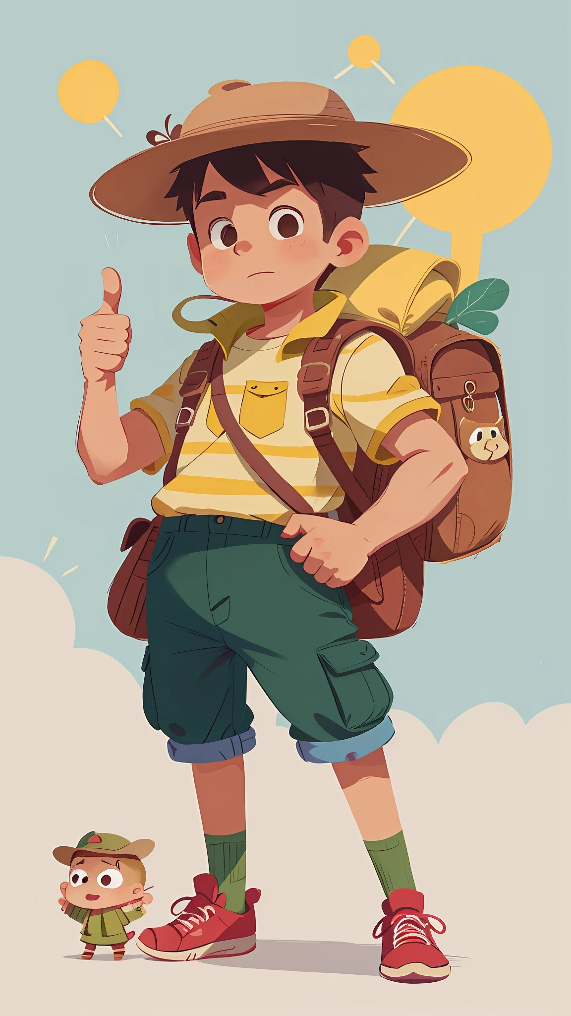 Cartoon boy in safari outfit with backpack giving thumbs up, Menino Escoteiro, com uma mochila, explorador feminino mini menina bonito, cabrito, caracter with brown hat, usando equipamento de aventura, usando equipamento de aventura, o homem tem uma mochila, Cartoon style illustration, explorador, aventureiro, cartoon illustration, personagem bonito dos desenhos animados, imagem dos desenhos animados, um homem usando uma mochila