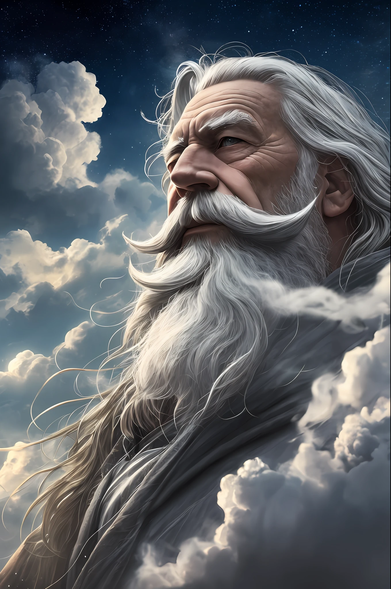 An old wizard with a growing gray beard, a spell, spirits all around, a dynamic pose, wind, smoke, sparks, stars above the clouds, surrealism, super realistic, cinematic, muted colors, fantasy universe background --auto --s2