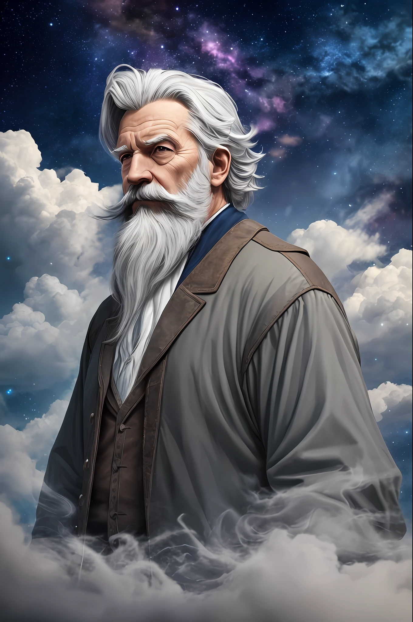 An old wizard with a growing gray beard, a spell, spirits all around, a dynamic pose, wind, smoke, sparks, stars above the clouds, surrealism, super realistic, cinematic, muted colors, fantasy universe background --auto --s2