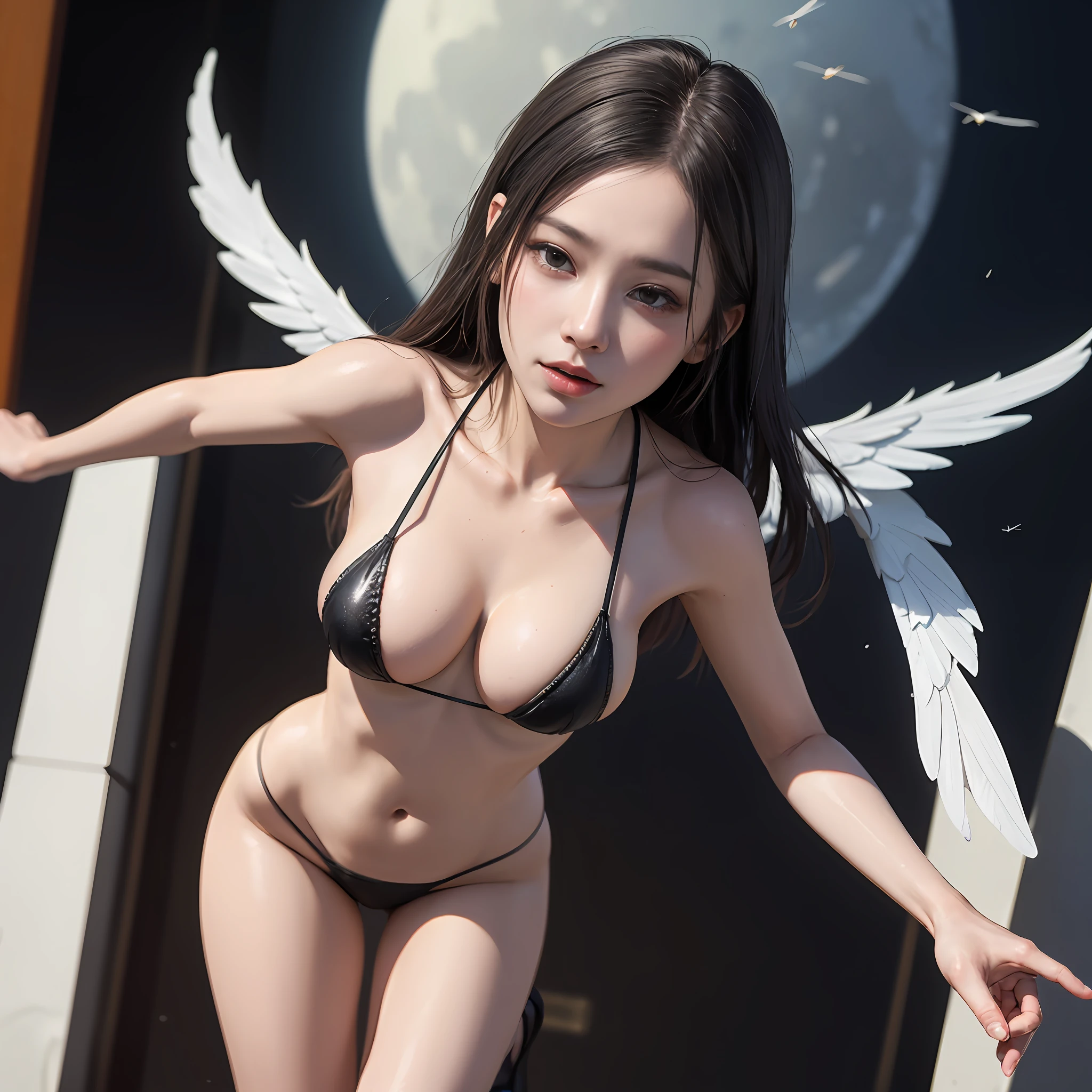 (((NSFW STILLSHOW)))、Masterpiece 8K Top Quality、(Radiosity Rendering、Hyper-Realism:1.37)、(full length|From toes to head|Full height|Wide Shot|Very Wide Shot|fish-eye lens)、(Soothing tones、Subdued Color、smooth shading、Bokeh:1.4、Moonlight、Soft light、face lights:1.2、Follow Light)、(Flying in the sky:2)、(((A detailed face、Detailed crotch 、detailed costume、flawless skin texture)))、natural skin textures、(Wet skin|skin tanned|Porcelain Skin)、(absurdly long hair|a short bob)、Curly hair、(Floating hair、underboob:1.2、cleavage of the breast:1.2、 ass visible through thighs:1.4、Thigh gap:1.2、cammel toe:1.4、teats、Nipple shadow)、The shape of the pubic area is clearly visible、Very thin and soft parachute fabric、(Tiny_an eye patch_bikini of|Micro String Bikini|Strangeware|Heart-shaped body paint|bandaid on|No Underwear)、Dark background、Strong wind is blowing、Foggy、(Red Moon|Blue Earth)、Enamel Glossy Shining Red High Heels、(Overlooking Night City|Overlooking the landscape|Milky way|Google Earth)、(On the rooftop|observation deck|observitory|high in the sky|on clouds|Outer space|A space station|spaceships|Lunar surface|outdoor bath)、(Very feminine curvaceous、fatness)、Without glasses:2、neons、zydG、(((All fingers are stretched、Collect your fingers、extremely detailed fingers)))、