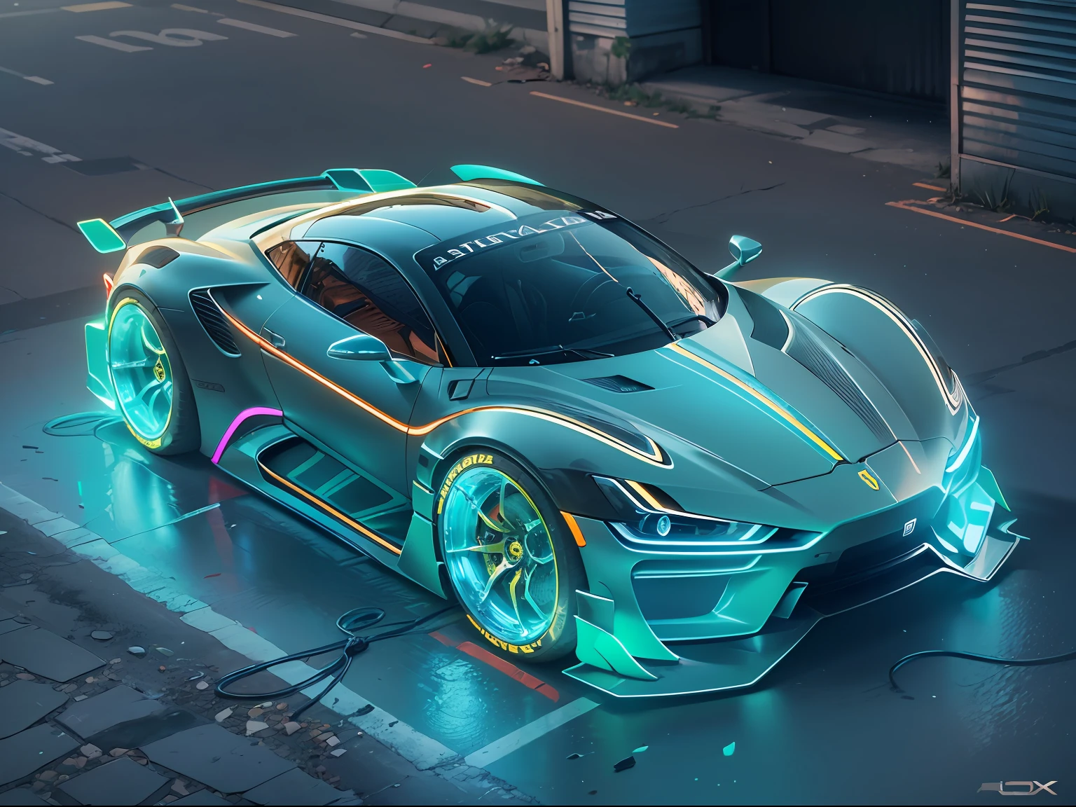 (1 transparent sports car on gorgeous city streets)，Color transparent plastic，cyber punk perssonage，industrial design，Smooth design feel，Sophisticated body structure，cleanness，(((Transparent visual impact)))，(((Brilliant neon lights)))，white backgrounid，ultra-realistic realism，hyper HD，high detal，best qualtiy，4K