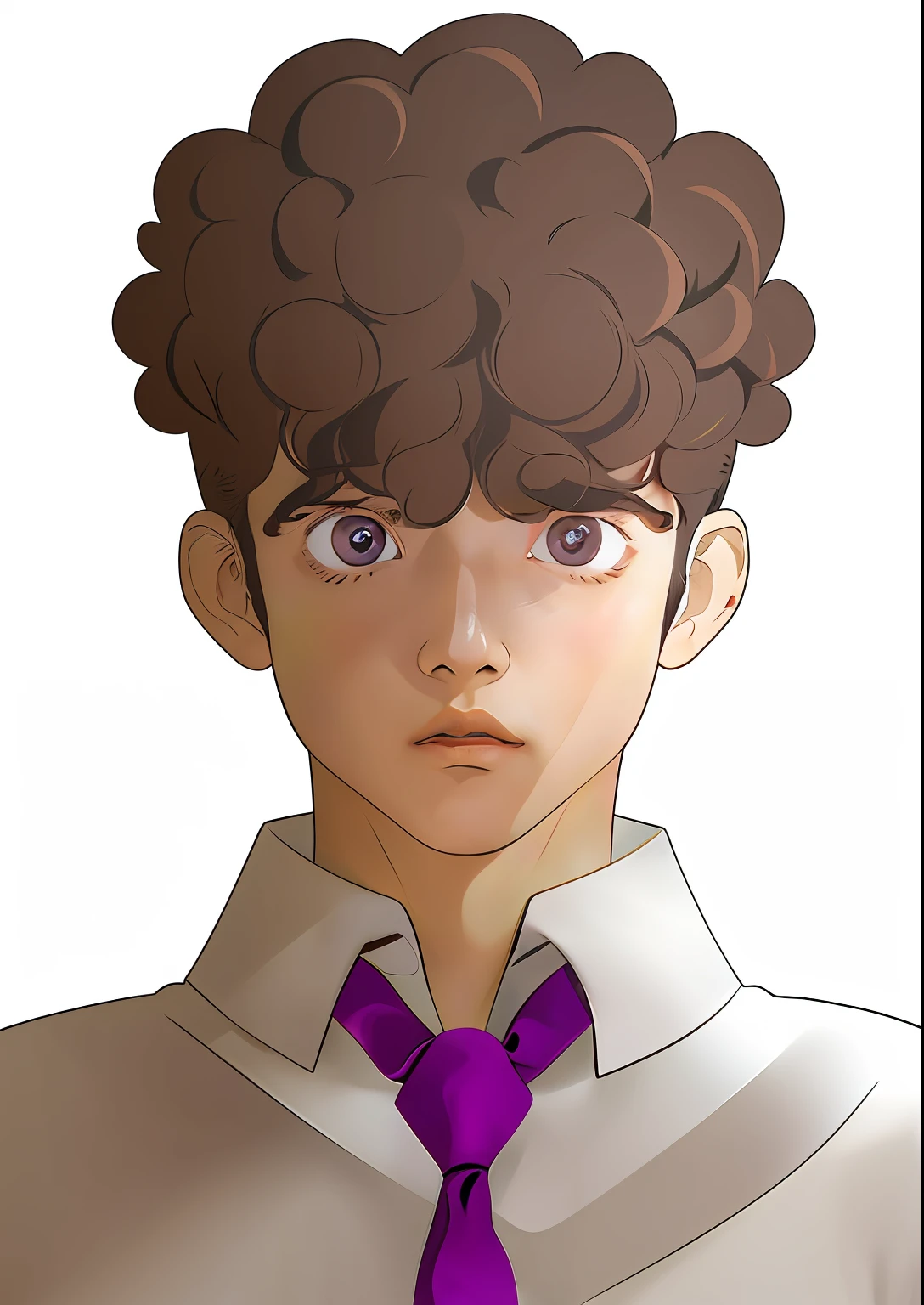 Anime boy with curly hair and purple tie looking at the camera, Gatilho Estilo de Arte de Anime, Mob Psicopata 100, inspirado em Okumura Masanobu, kentaro miura manga art style, com olhos roxos brilhantes, sombreamento estilo anime plano, Kentaro Miura estilo de arte, inspirado em Okumura Togyu, cel - estilo de arte sombreado