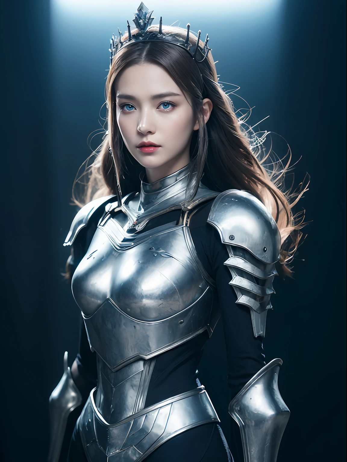 Masterpiece, Best quality, high resolution, 8K, Portrait, Realistic photo,（ Combine clothing with Korean fashion design），Digital photography, full bodyesbian, 1 -yeld gi (Cyborg), Beautiful blue-gray gradient long hair, Blue eyes, Intricate, elegant, Highly detailed, The crown of evil, Black dress, ,Silver metal exoskeleton armor, Intricate knightly hollow armor,power armour, Openwork design, mechanical structure, Photo pose, Solemn,, Red lips, From the movie《Final Fantasy XV》.Metallic texture, oc rendered，Reflective texture, ((Clothing cutting)), ((Set against the backdrop of the castle and the giant Moster))