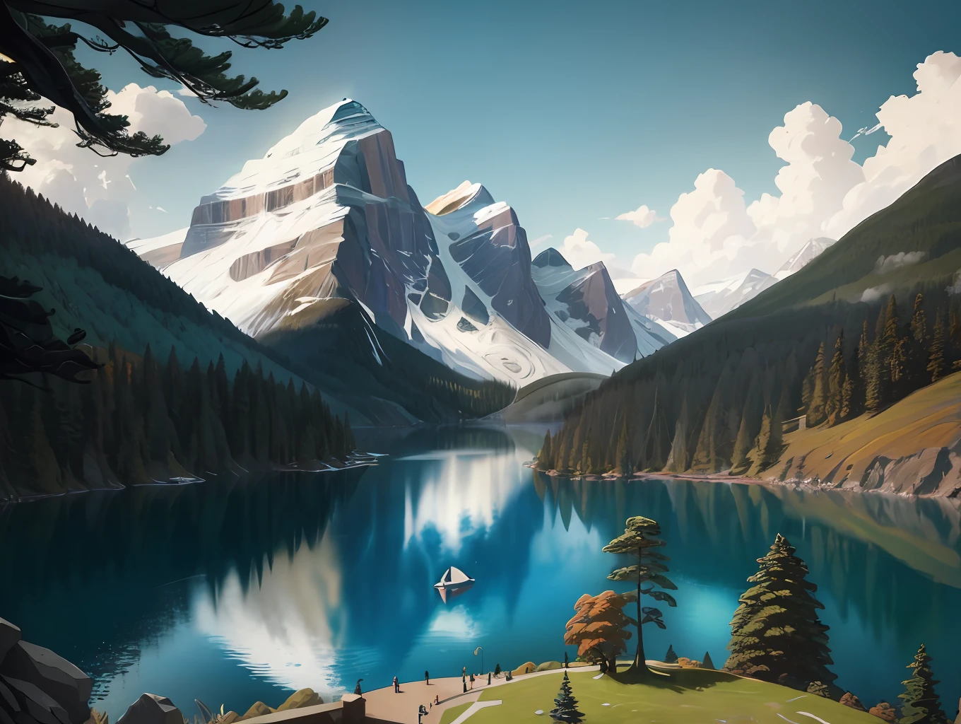 painting of a mountain scene with a lake and trees, inspirado em A. j. Casson, Directed by: Yves Tanguay, inspirado em james Pittendrigh MacGillivray, inspirado em Lawren Harris, inspirado em Franklin Carmichael, inspirado em Nicholas Roerich, por A. j. Casson, Directed by: Michael Sutfin, colinas fluidas, Vista