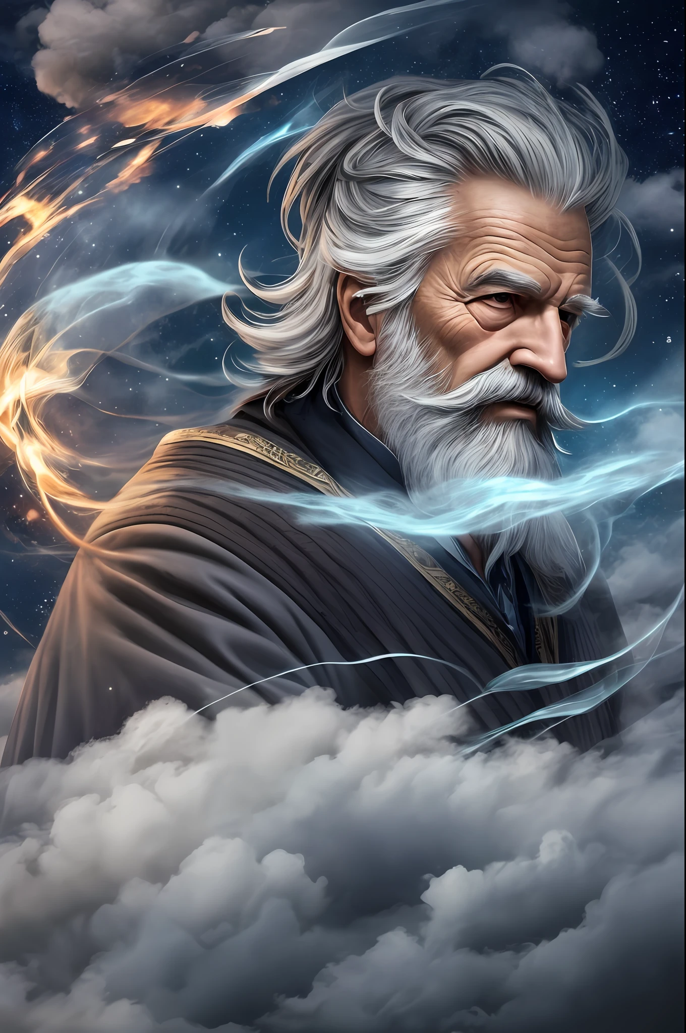 1200s. Tale. An old wizard with a growing gray beard, a spell, spirits all around, a dynamic pose, wind, smoke, sparks, stars above the clouds, surrealism, super realistic, cinematic, muted colors, fantasy universe background --auto --s2