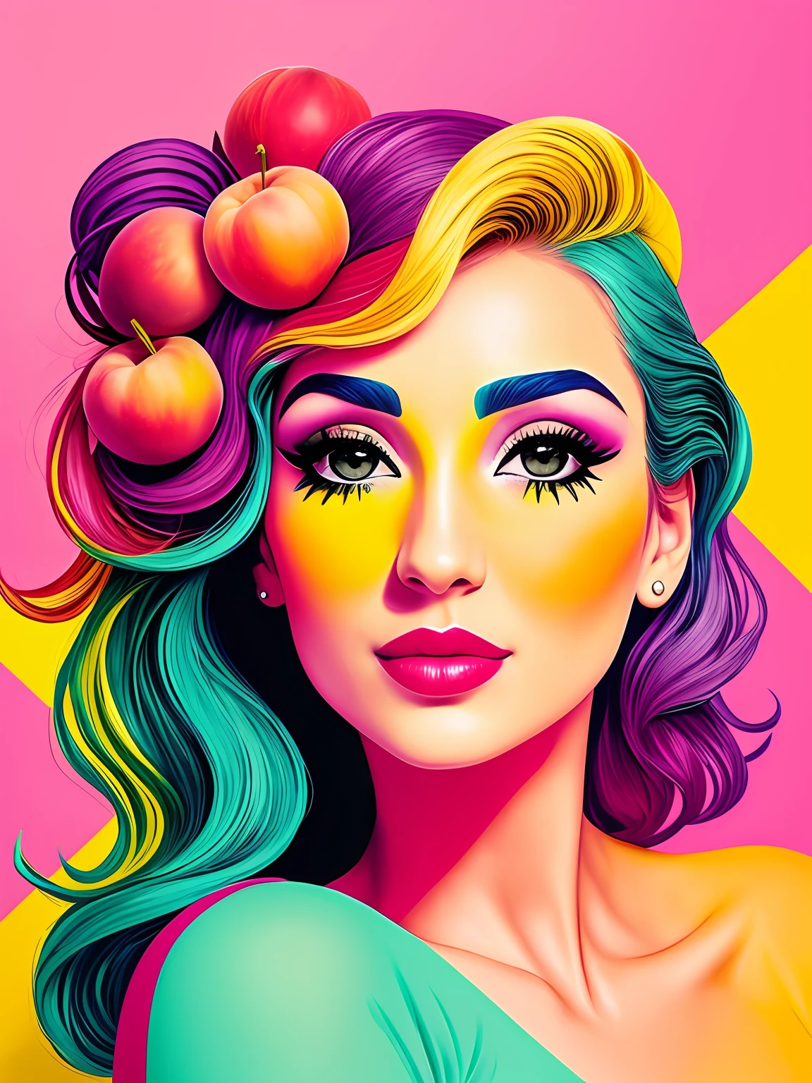 "Imagine uma obra de arte retratando um suculento, Colorful peach, Bright as a rainbow. ((O pessego fruta )) The central point of the composition, com suas formas e contornos suaves, convidando os espectadores a apreciarem sua beleza. The color palette is vibrant and lush, with rich and vivid tones that blend harmoniously on the surface of the peach. Amarelosintensos, laranjas brilhantes, amarelos dourados, verdes exuberantes, azuis profundos e roxos encantadores criam uma sinfonia de cores que envolvem a fruta. Small details of light and shadow add depth and realism to the image, Making the peach look almost palpable. Through this artistic representation, The peach turns into a symbol of vitality, frescor e alegria, cativando os espectadores e convidando-os a saborear sua beleza colorida." ,Romero Brito e Eduardo kobra e Jacksonville pollocki