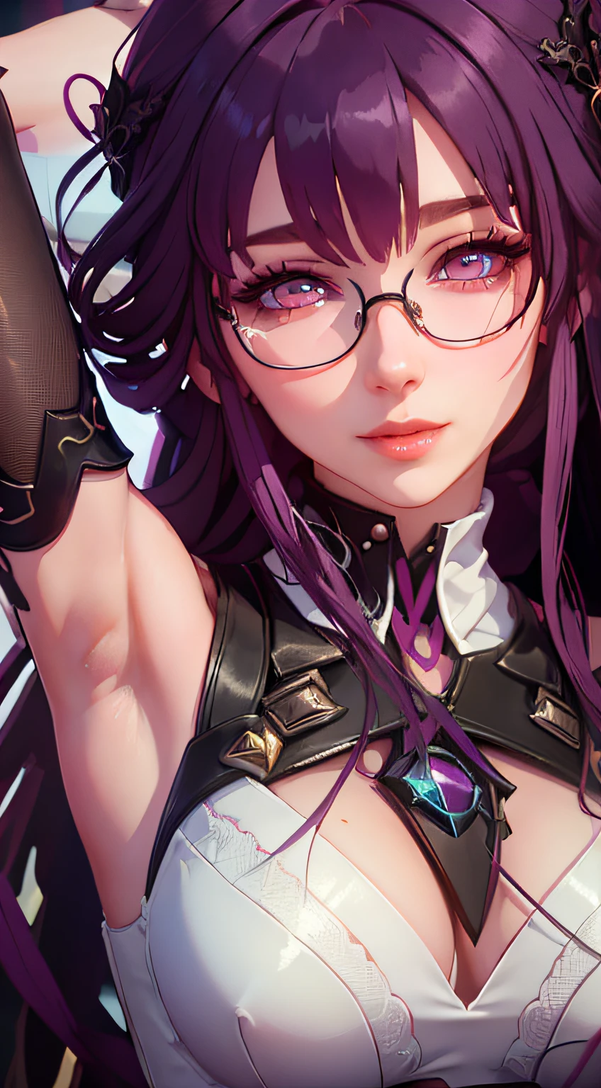 masterpiece,high quality,best quality,4k,super detailed,4k,focus sharp,(face),head,absurdres, highres, ultra detailed, (girl:1.3), (evil:1.5, BREAK , watercolor style, soft blending, closeup face,purple hair, long hair, rose theme wedding dress,eyeglasses, dreamy, washes, delicate textures, seductive smile, lying, glowing eyes, armpit pose very detailed,majestic sexy pose,hsr_kafka,night stellar sea,blue sky eyes glowing, (gojo satoru eyes very detailed 4k),
stellaron hunters outfit