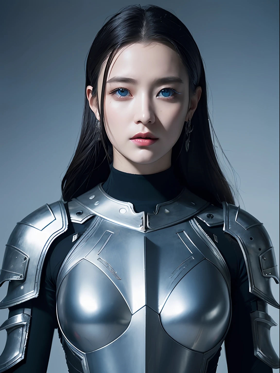 Masterpiece, Best quality, high resolution, 8K, Portrait, Realistic photo,（ Combine clothing with Korean fashion design），Digital photography, full bodyesbian, 1 -yeld gi (Cyborg), Beautiful blue-gray gradient long hair, Blue eyes, Intricate, elegant, Highly detailed, The crown of evil, Black dress, ,Silver metal exoskeleton armor, Intricate knightly hollow armor,power armour, Openwork design, mechanical structure, Photo pose, Solemn,, Red lips, From the movie《Final Fantasy XV》.Metallic texture, oc rendered，Reflective texture, ((Clothing cutting)), ((Set against the backdrop of the castle and the huge Moster))