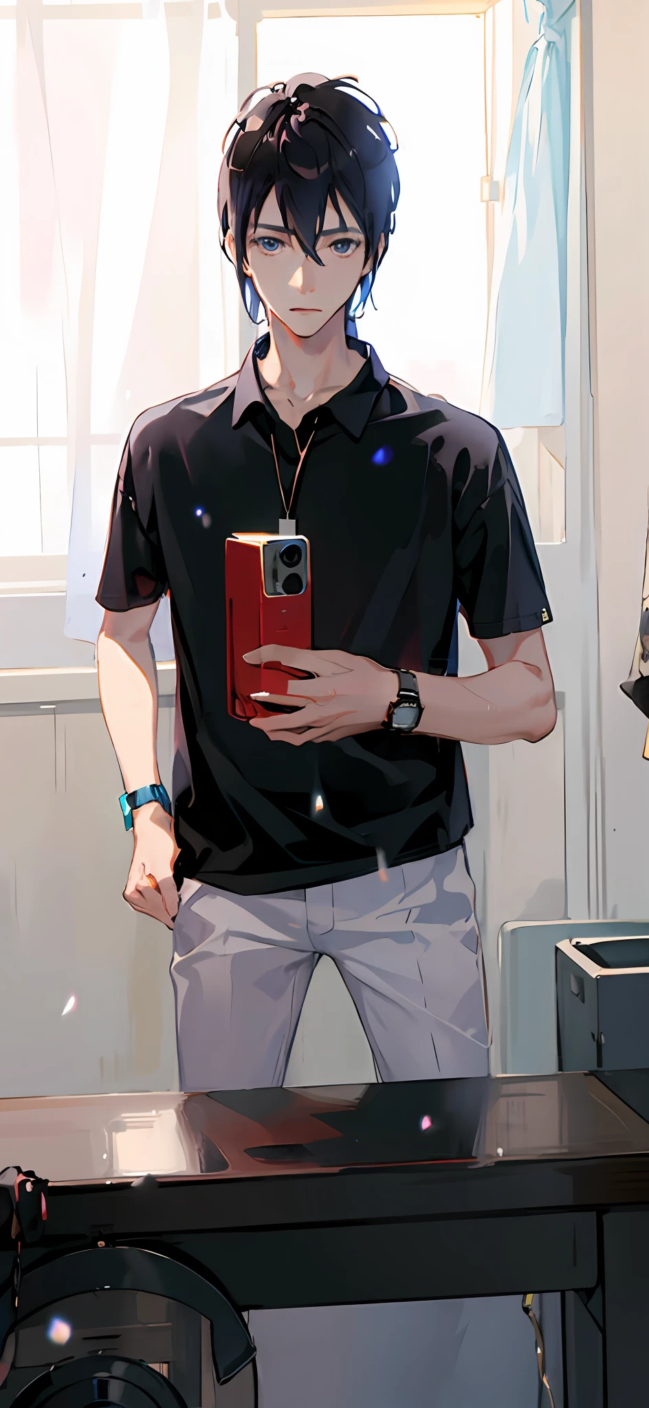 1boy, apple, bag, bangs, berry, black hair, black shirt, blue eyes, hair between eyes, jewelry, leaf, looking at viewer, male focus, necklace, pants, shirt, solo, watch, white pants, wristwatch, messy hair, trending on artstation, 8k resolution, highly detailed, anatomically correct, sharp image, digital painting, concept art, trending on pixiv, style of makoto shinkai,
