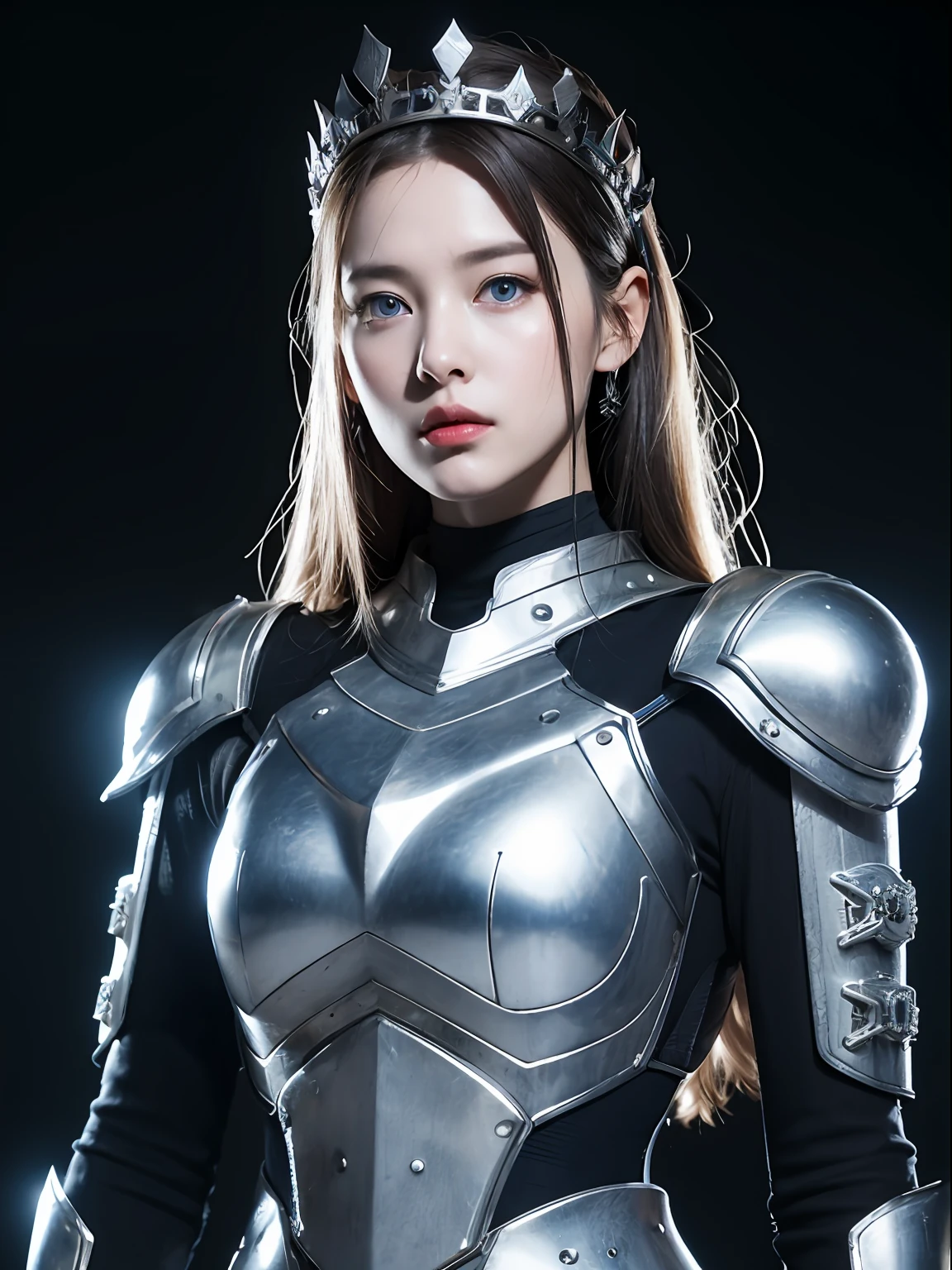 Masterpiece, Best quality, high resolution, 8K, Portrait, Realistic photo,（ Combine clothing with Korean fashion design），Digital photography, full bodyesbian, 1 -yeld gi (Cyborg), Beautiful blue-gray gradient long hair, Blue eyes, Intricate, elegant, Highly detailed, The crown of evil, Black dress, ,Silver metal exoskeleton armor, Intricate knightly hollow armor,power armour, Openwork design, mechanical structure, Photo pose, Solemn,, Red lips, From the movie《Final Fantasy XV》.Metallic texture, oc rendered，Reflective texture, ((Clothing cutting)), ((Set against the backdrop of the castle and the huge Moster))