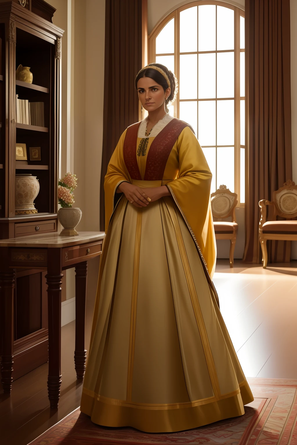 /imagine uma mulher de 30 anos, dressed in a traditional nineteenth-century Italian costume, is in a richly decorated room. she is standing, with his arms crossed and an expression of displeasure on his face. Ao seu redor, Family members are seated in elegant chairs, discutindo animadamente. A mulher parece ser o centro do conflito, for her posture indicates that she does not agree with the decision made. The room is lit by a large window, com cortinas pesadas e detalhes ornamentados. The predominant colors are earthy tones and golden., reflecting the atmosphere of the time. Details such as antique furniture, Tapestries and decorative objects add a touch of authenticity to the image