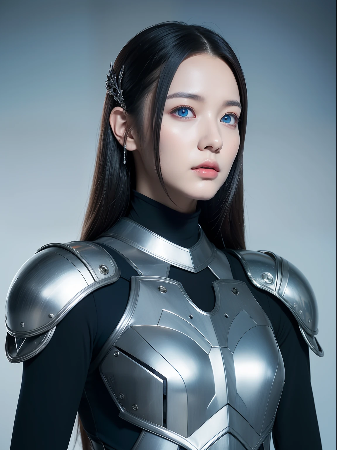 Masterpiece, Best quality, high resolution, 8K, Portrait, Realistic photo,（ Combine clothing with Korean fashion design），Digital photography, full bodyesbian, 1 -yeld gi (Cyborg), Beautiful blue-gray gradient long hair, Blue eyes, Intricate, elegant, Highly detailed, The crown of evil, Black dress, ,Silver metal exoskeleton armor, Intricate knightly hollow armor,power armour, Openwork design, mechanical structure, Photo pose, Solemn,, Red lips, From the movie《Final Fantasy XV》.Metallic texture, oc rendered，Reflective texture, ((Clothing cutting)), ((Set against the backdrop of the castle and the huge Moster))