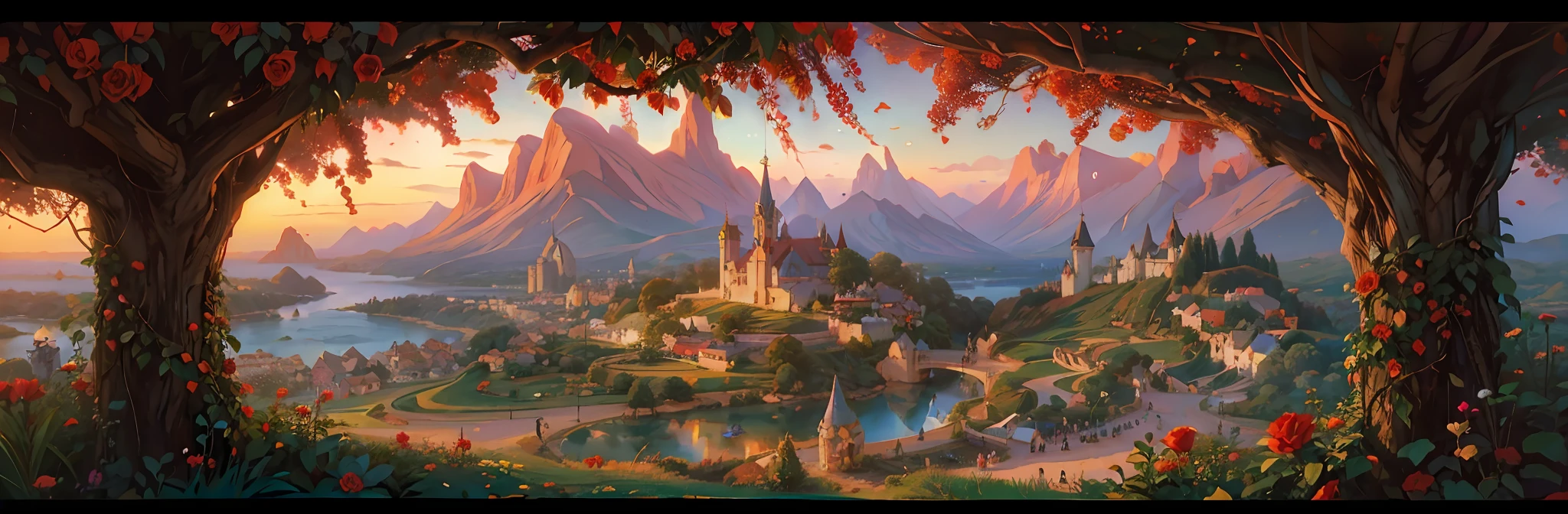 There is an image of a village in the distance with red roses in the foreground, arte disney, Beautiful, Magic Field, Vila caseira pequena, fundo encantado da floresta tropical, arte conceitual disney, arte de conto de fadas, pintura de conto de fadas, moldura dourada com rosas vermelhas, fantasia, Greg Hildebrandt altamente detalhado, fantasia arte vitoriana, beautiful render of a fairytale