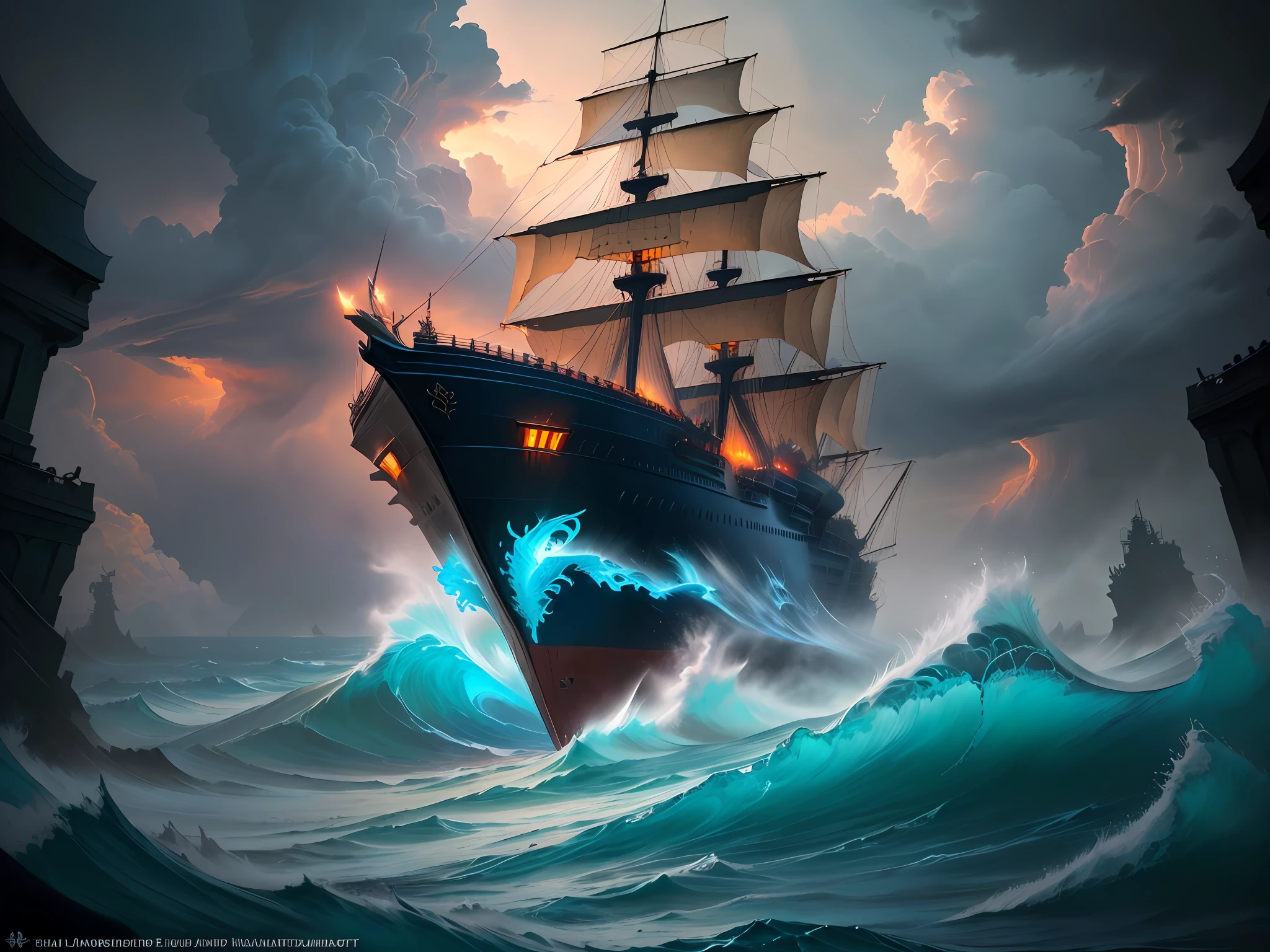 painting of a ship in a stormy sea with a dragon as a scowl on the bow, epic fantasy painting, epic fantasy art, arte de fantasia detalhada, arte de fantasia altamente detalhada, epic fantasy art, Surpreendentemente detalhado d & D arte, Epic Fantasty Card Game Art, Arte de fantasia 4k