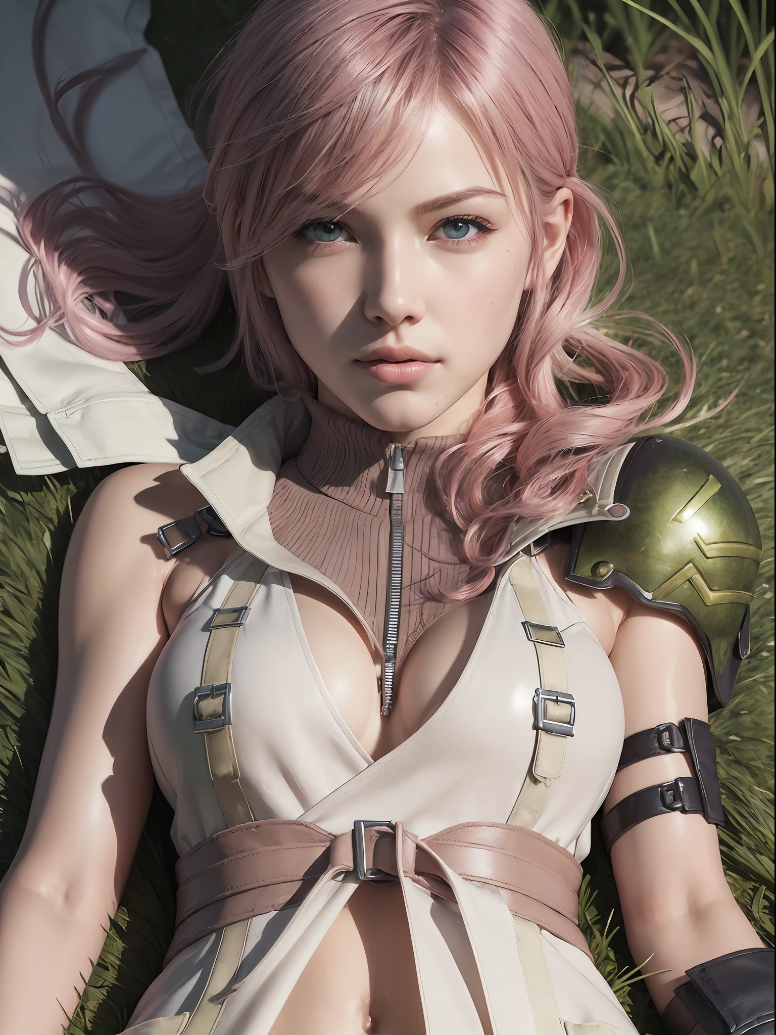 (masterpiece, best quality:1.4), (lie down on back:1.5), (from up:1.5), (1girl, solo:1.5), (european youth:1), lightning farron, sleeveless, shoulder armor, cape, skirt, fingerless gloves, looking at viewer, (soft pink hair:0.5), (erotic smile), (erotic pose:1.2), beautiful face, highly detailed face, highly detailed skin, skin pores, (lie down on the grass:1.5), subsurface scattering, realistic pupils, medium breast, full face blush, full lips, detailed background, depth of field, volumetric lighting, sharp focus, absurdres, realistic proportions, good anatomy, (realistic, hyperrealistic:1.4), 16k hdr,