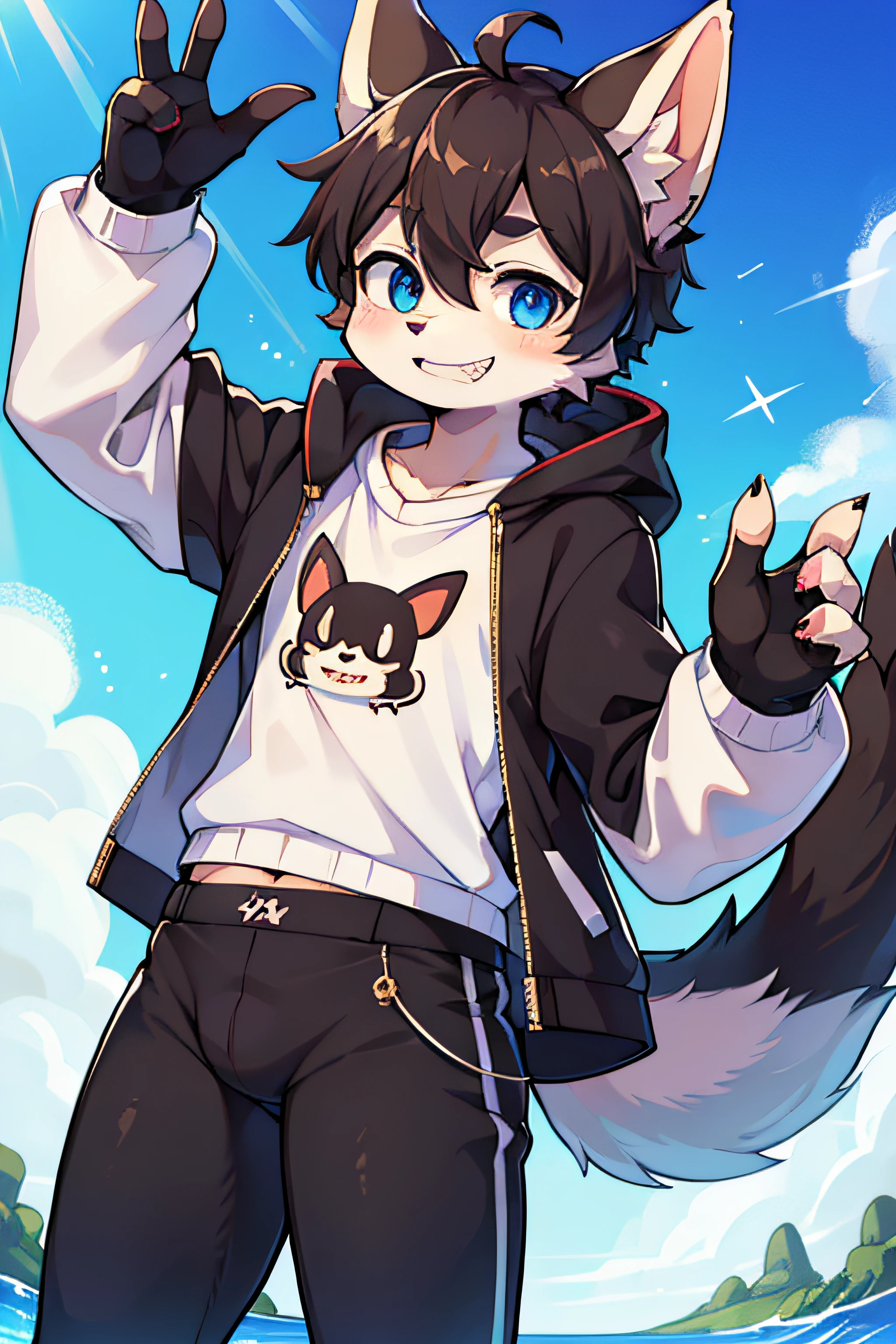 (coffeesoda: 1.1), hioshiru, zorro, femboy, ojos azul cielo, pelaje multicolor, pelaje blanco, dark brown fur, pelaje negro, con una sudadera con capucha, solo, smiling showing his teeth to the camera