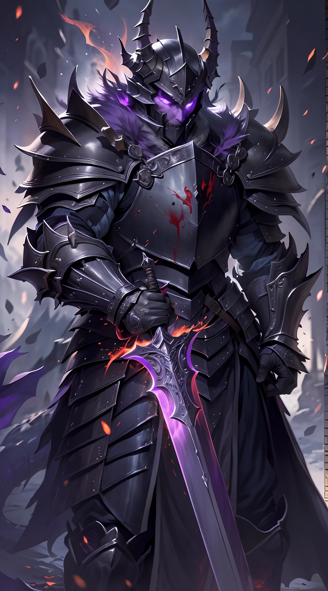 Close-up of a man holding a sword and armor, purple armor, black purple armor, purple demon armor, black fire reflective armor, demon warrior, blood knight, heavy armor and sword god of war, dragon knight, demon warrior, black and purple reflective armor, ruler of hell, Yang J, purple armor, king of cinder