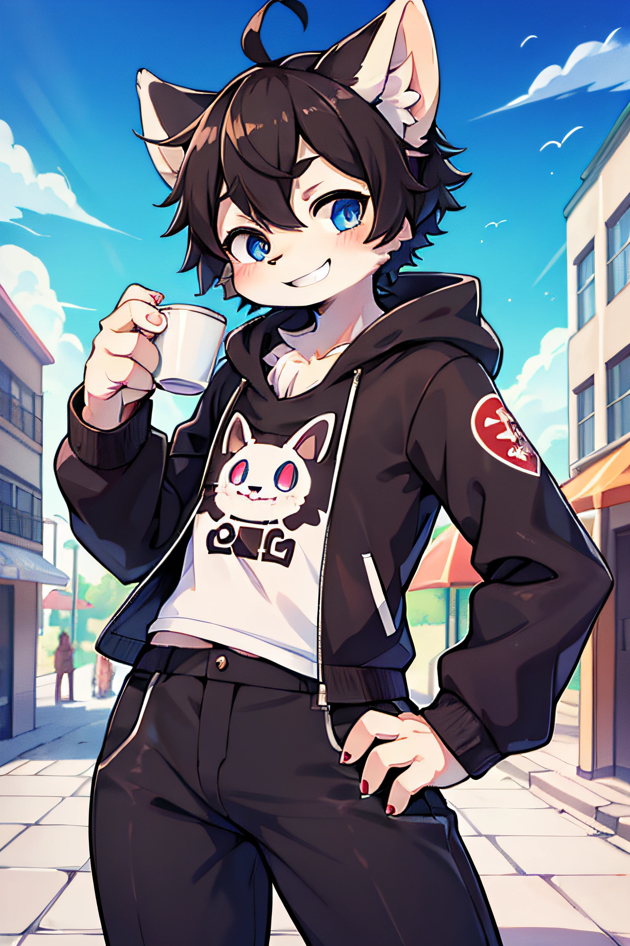 (coffeesoda: 1.1), hioshiru, zorro, femboy, ojos azul cielo, pelaje multicolor, pelaje blanco, dark brown fur, pelaje negro, con una sudadera con capucha, solo, smiling showing his teeth to the camera