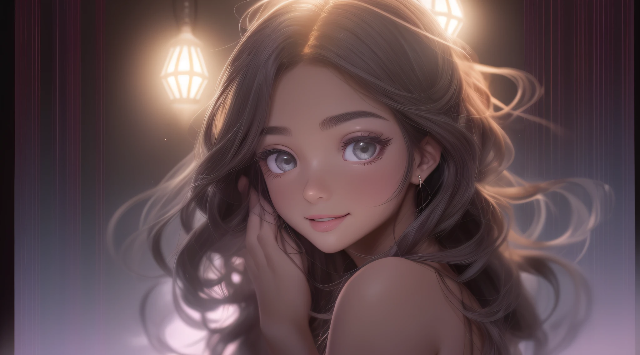Una mujer muy joven y hermosa, Cara perfecta, pecho perfecto y grande, pesones erguidos y excitados, cuerpo entero desnudo, Descanso de pie, actitud reflexiva, Mirando hacia adelante con una leve sonrisa, Warm light illuminating the face, Entorno de estudio oscuro con una luz cenital parcialmente iluminadora, Blurred and cinematic background, ambiente de noche, muy poca luz.