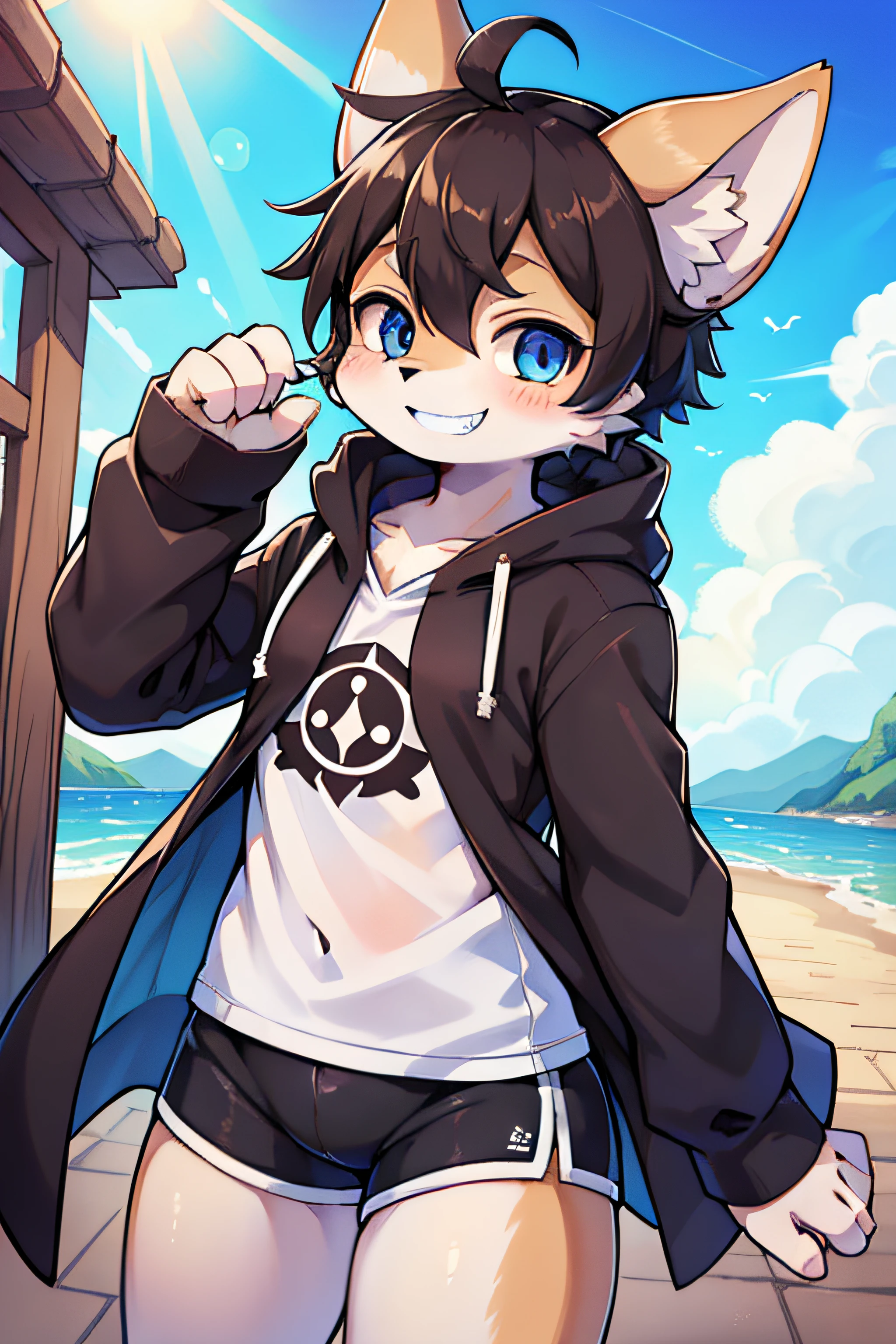 (coffeesoda: 1.1), hioshiru, zorro, femboy, ojos azul cielo, pelaje multicolor, pelaje blanco, dark brown fur, pelaje negro, con una sudadera con capucha, solo, smiling showing his teeth to the camera