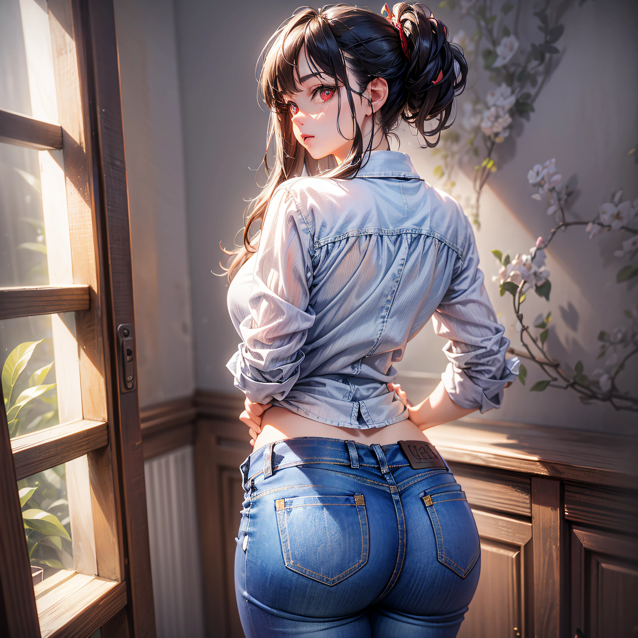 (masterpiece: 1.2, best quality), kaguya shinomiya, 1lady, solo, shirt, (butt view), perfect ass, (shabby jeans: 1.5), perfect eyes, ((red eyes)), (RAW photo, best quality), (realistic, photo - realistic:1.3), masterpiece, extremely delicate and beautiful, extremely detailed, CG, unity, 2k wallpaper, amazing, fine details, extremely detailed CG unity wallpaper 8k, huge file size, ultra-detailed, high resolution