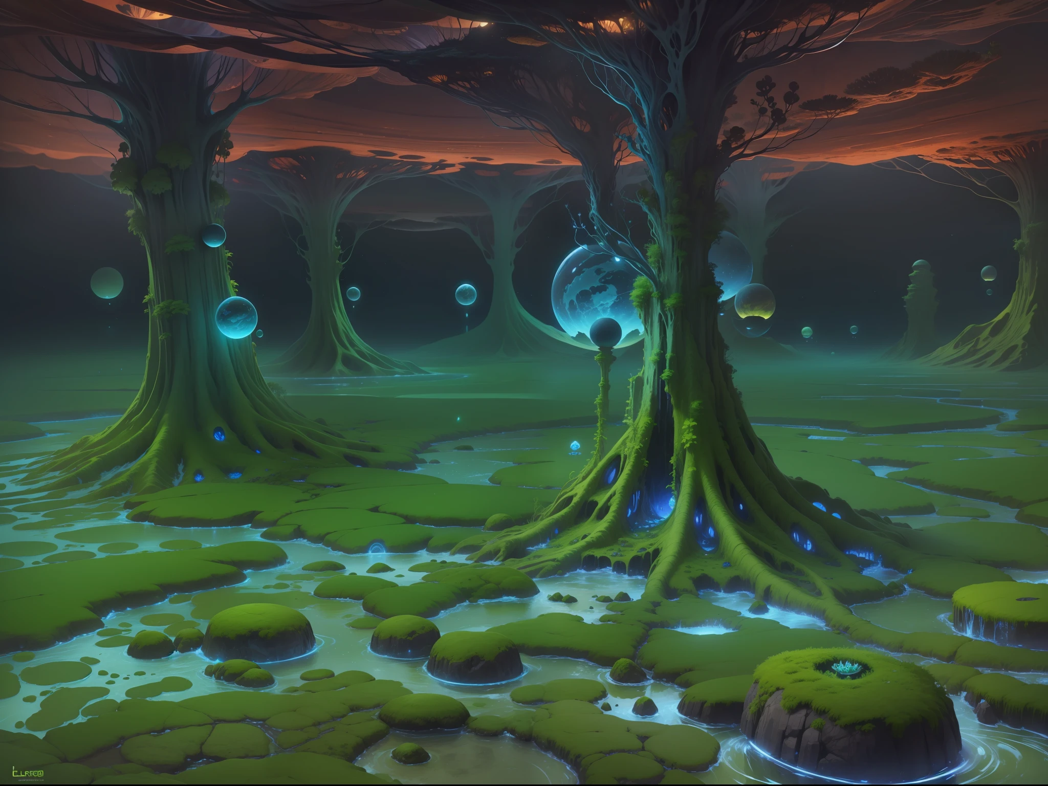alien landscape, planeta gasoso, floating vegetation, Levitating Roches, insetos bioluminescentes, detalhes intrincados, Arte fantasia, arte de Clemilton Barbosa, very high definition