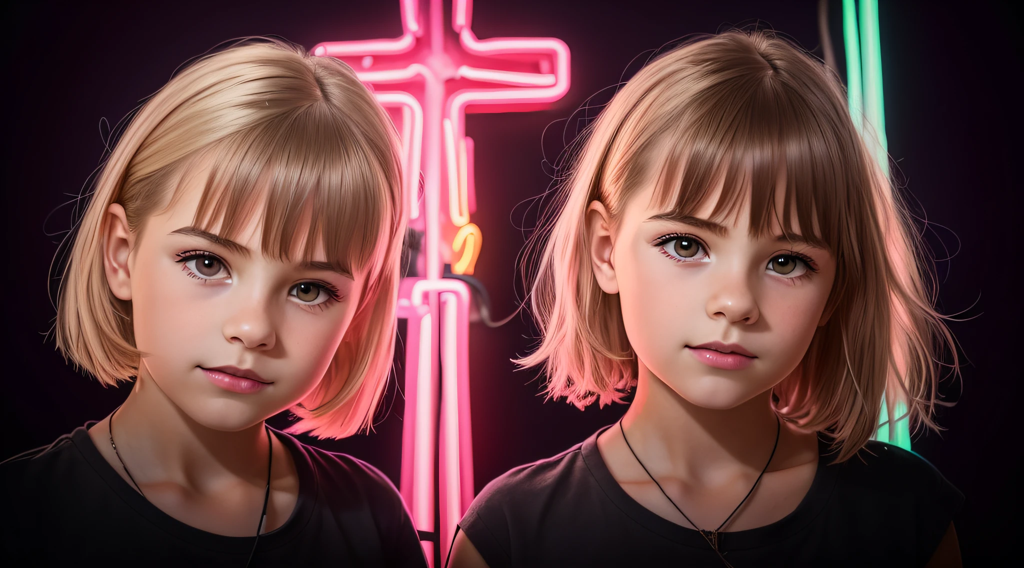 there are two young girls standing next to each other in front of a neon cross, neon cross, beautiful gemini twins portrait, 4k symmetrical portrait, 4k symmetrical portrait, symmetrical centered portrait, portrait symetrical, simetria!! retrato, Bela Sci - Fi-twins, portrait symetrical, color studio portrait, color photograph portrait 4k