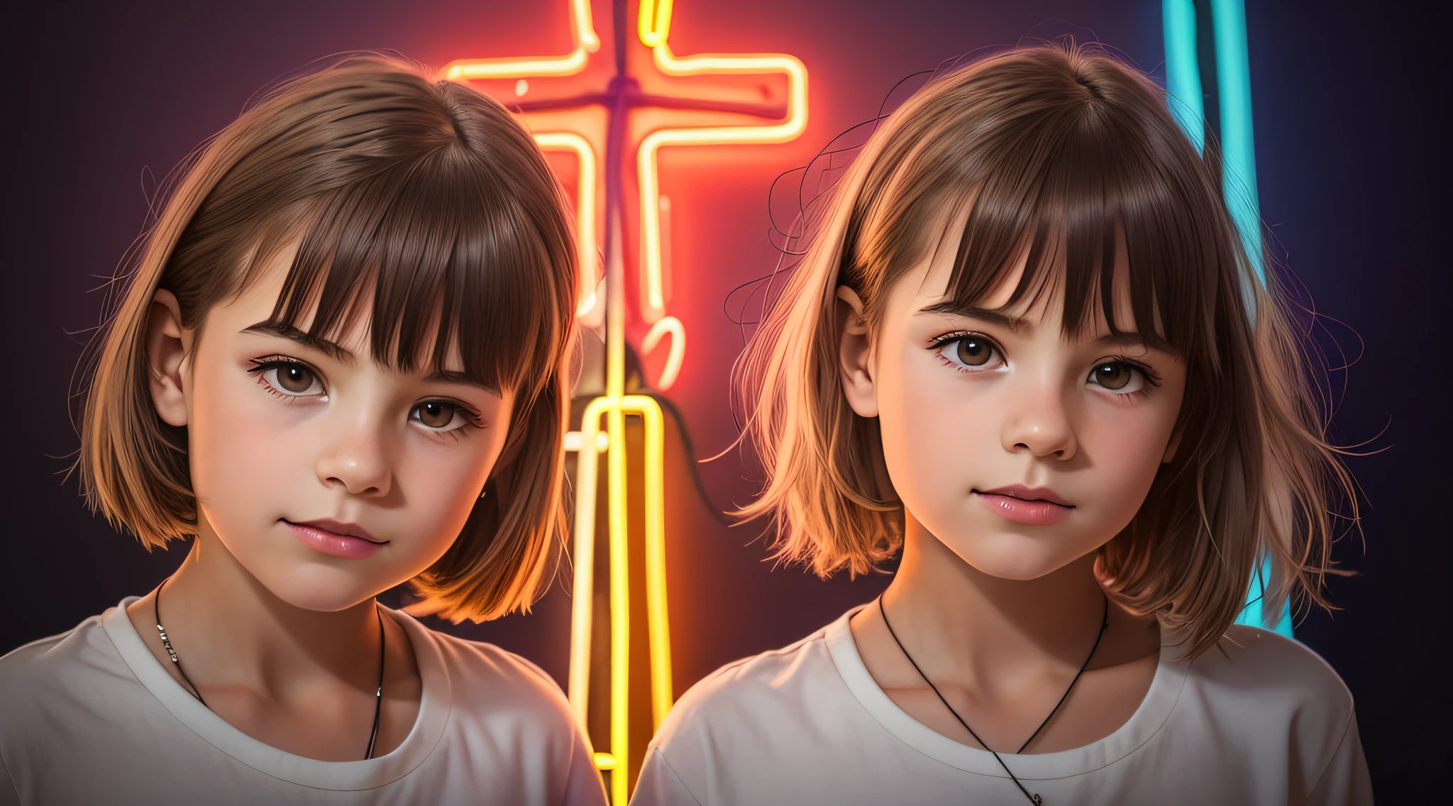 there are two young girls standing next to each other in front of a neon cross, neon cross, beautiful gemini twins portrait, 4k symmetrical portrait, 4k symmetrical portrait, symmetrical centered portrait, portrait symetrical, simetria!! retrato, Bela Sci - Fi-twins, portrait symetrical, color studio portrait, color photograph portrait 4k