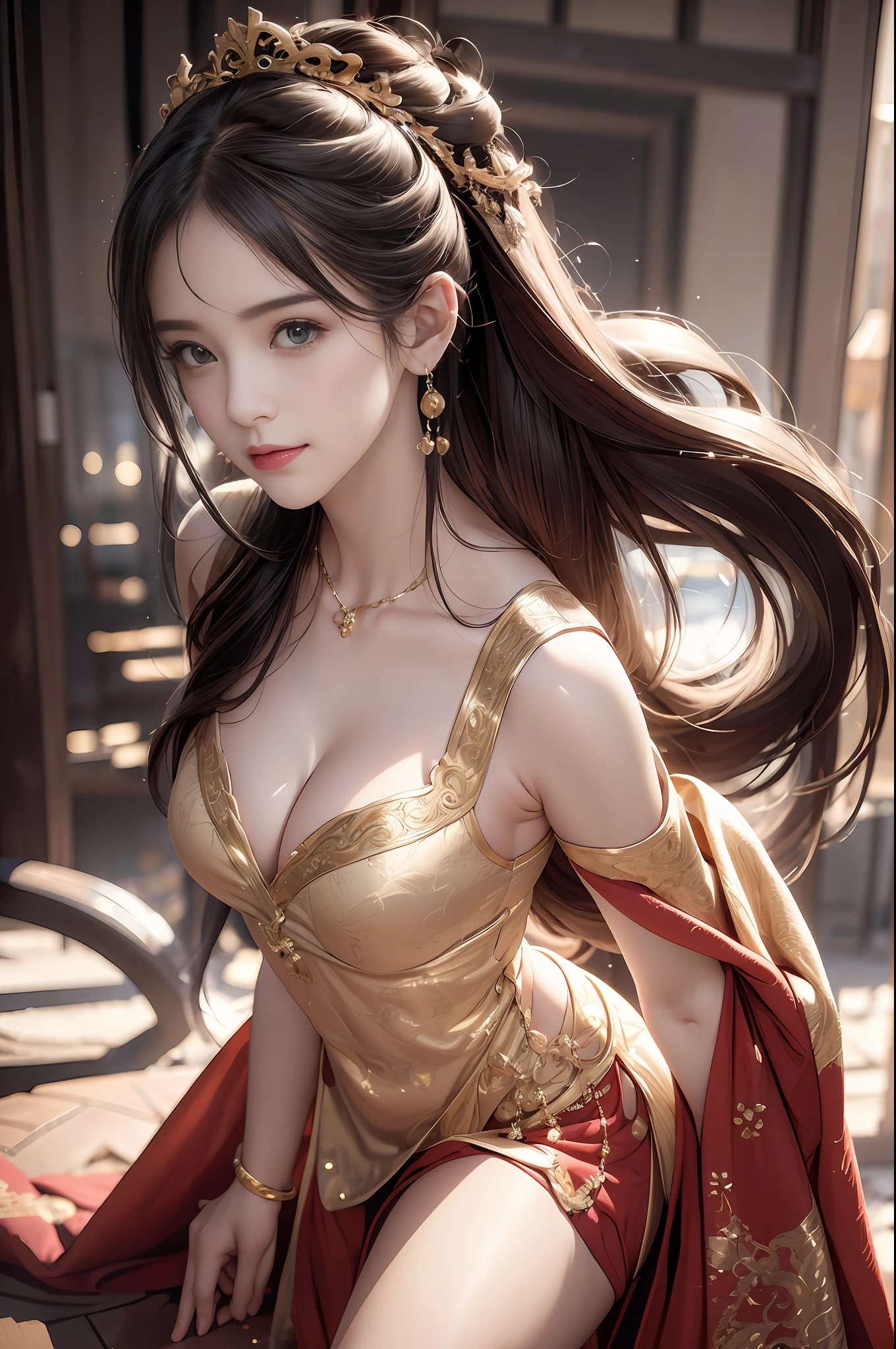 ((Best Quality)), ((Ultra High Resolution)), ((Realistic)), Fine details, Age 19 on Appearance, Black hair, Perfect face shape, Moderate Makeup:1.5, Face lighting, Accentuating Details, Long hair, Wearing Chinese Wedding Dress, Gold Headgear Decoration, Holding a fan, Red Wedding Dress Extra Points: 1.3, Gold Dress Details. portrait of a full body, windows, a bed, drapes, Candlelight, present a picture of a long-range pose.