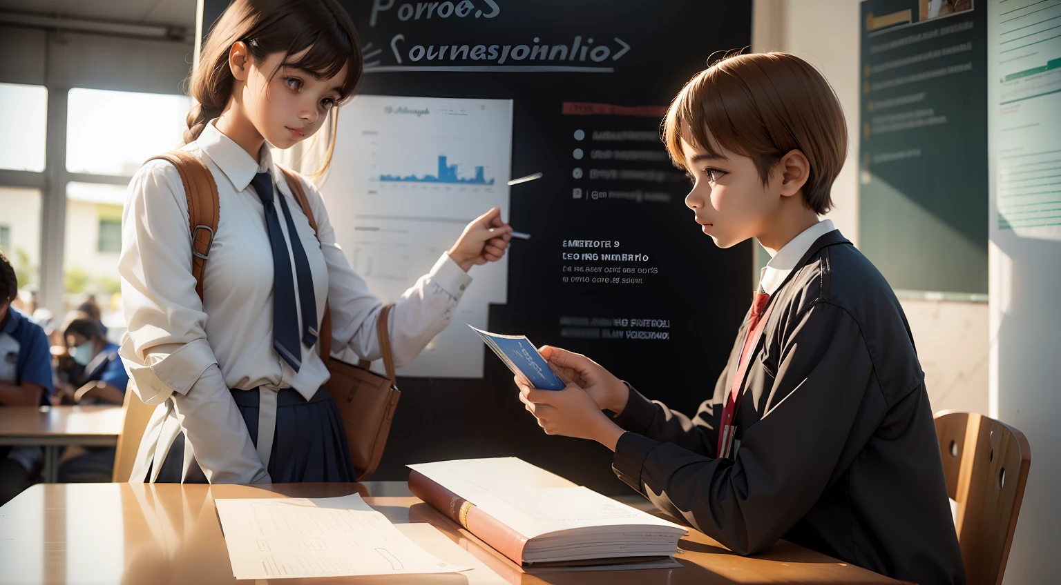Um menino e uma menina, brasileiros, pobres, presenting work at a public school science fair
