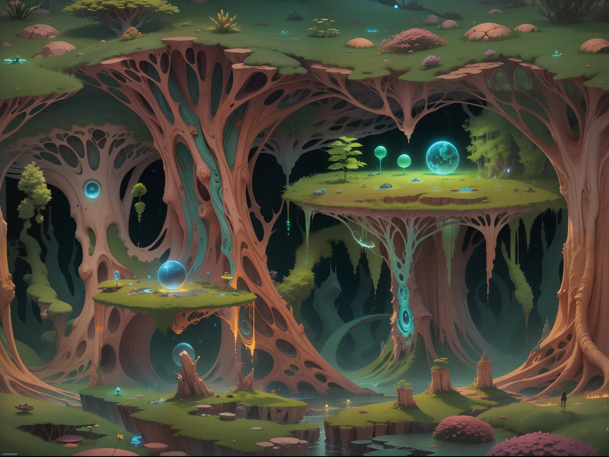 alien landscape, planeta gasoso, floating vegetation, Levitating Roches, insetos bioluminescentes, detalhes intrincados, Arte fantasia, arte de Clemilton Barbosa, very high definition