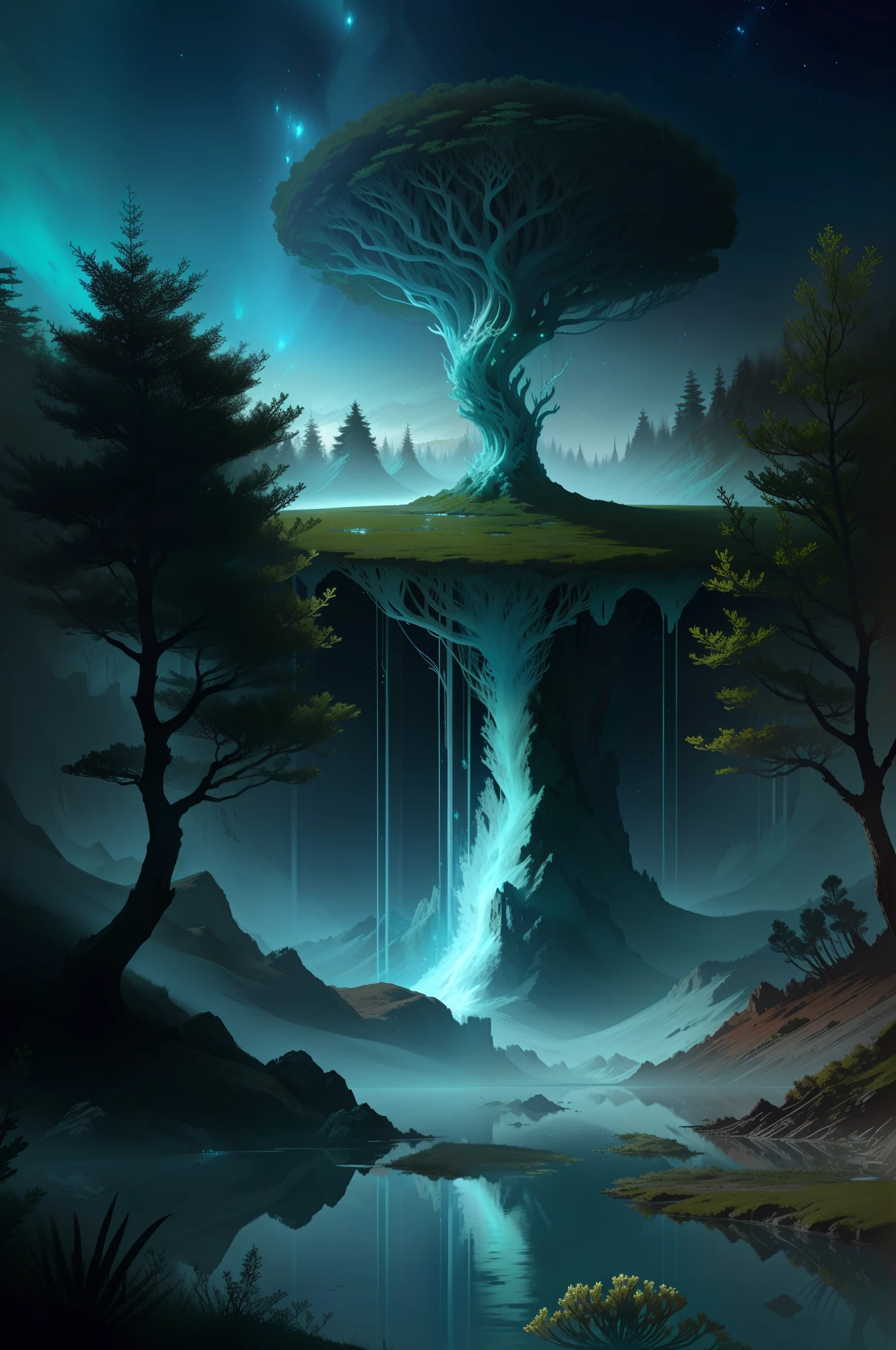 There are many jellyfish floating in the water near the shore, atmosfera pantanosa, Primordial Waters, lush alien landscape, ethereal landscape, em uma paisagem de sonho surreal, paisagem lovecraftiana, Paisagem sci-fiish, alien landscape, an alien landscape, strange alien forest, Distant nebulae are bright algae, cena surreal, alien forest in background